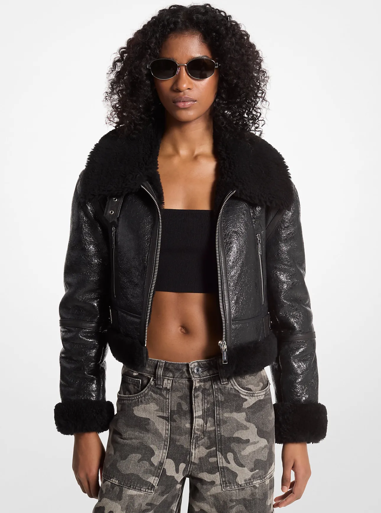 Crackled Leather and Shearling Cropped Jacket