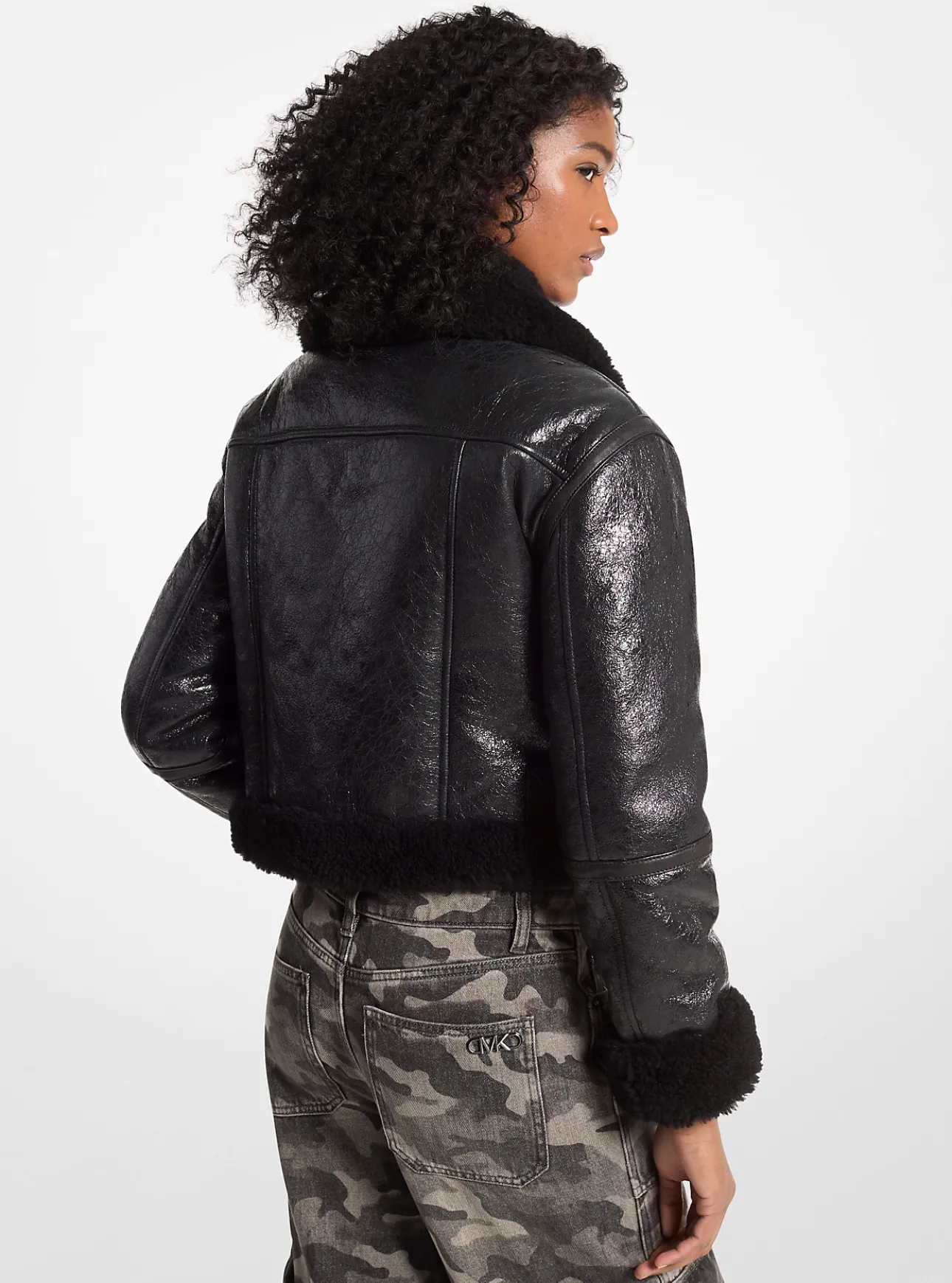 Crackled Leather and Shearling Cropped Jacket