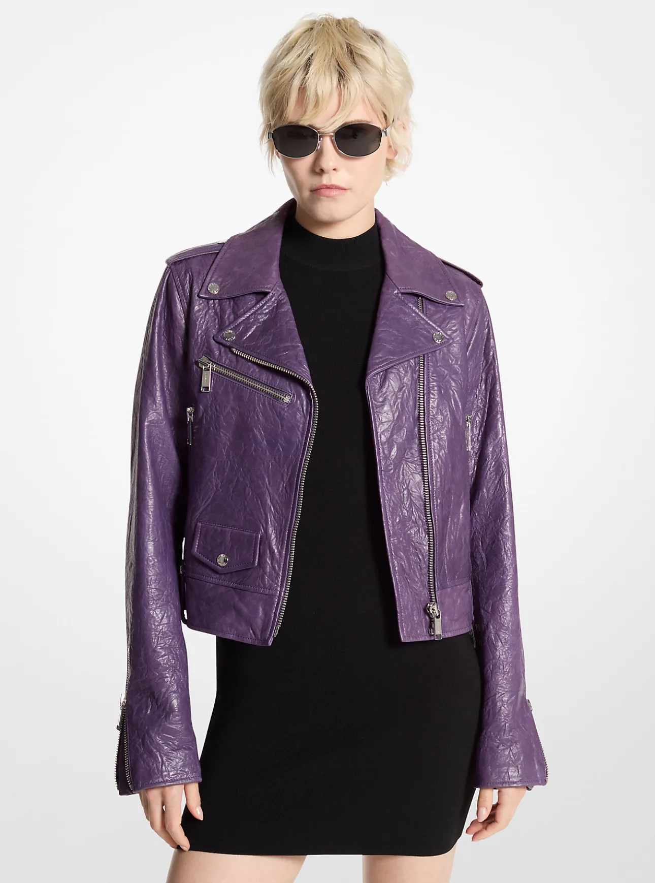 Crinkled Leather Cropped Moto Jacket