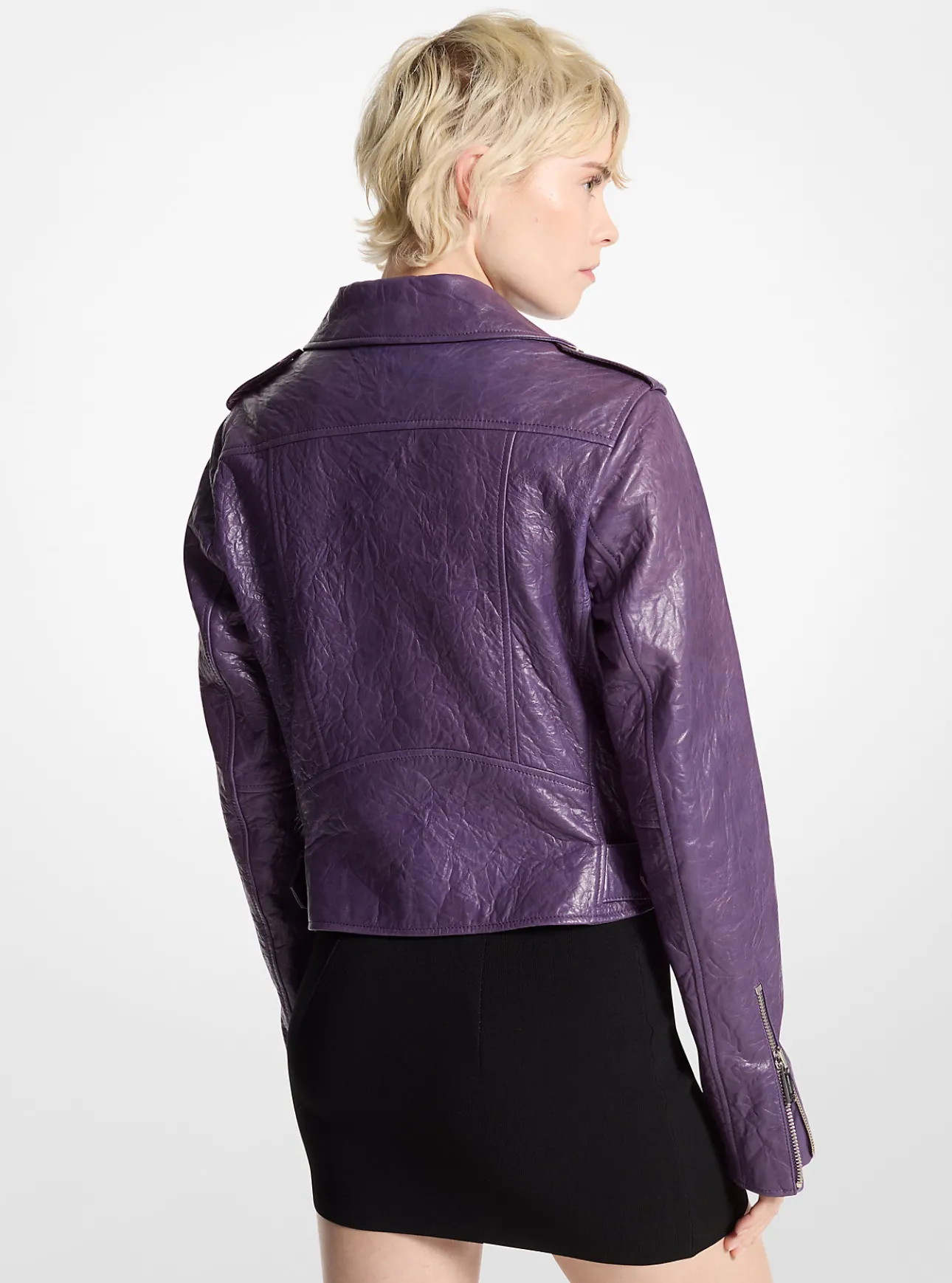 Crinkled Leather Cropped Moto Jacket