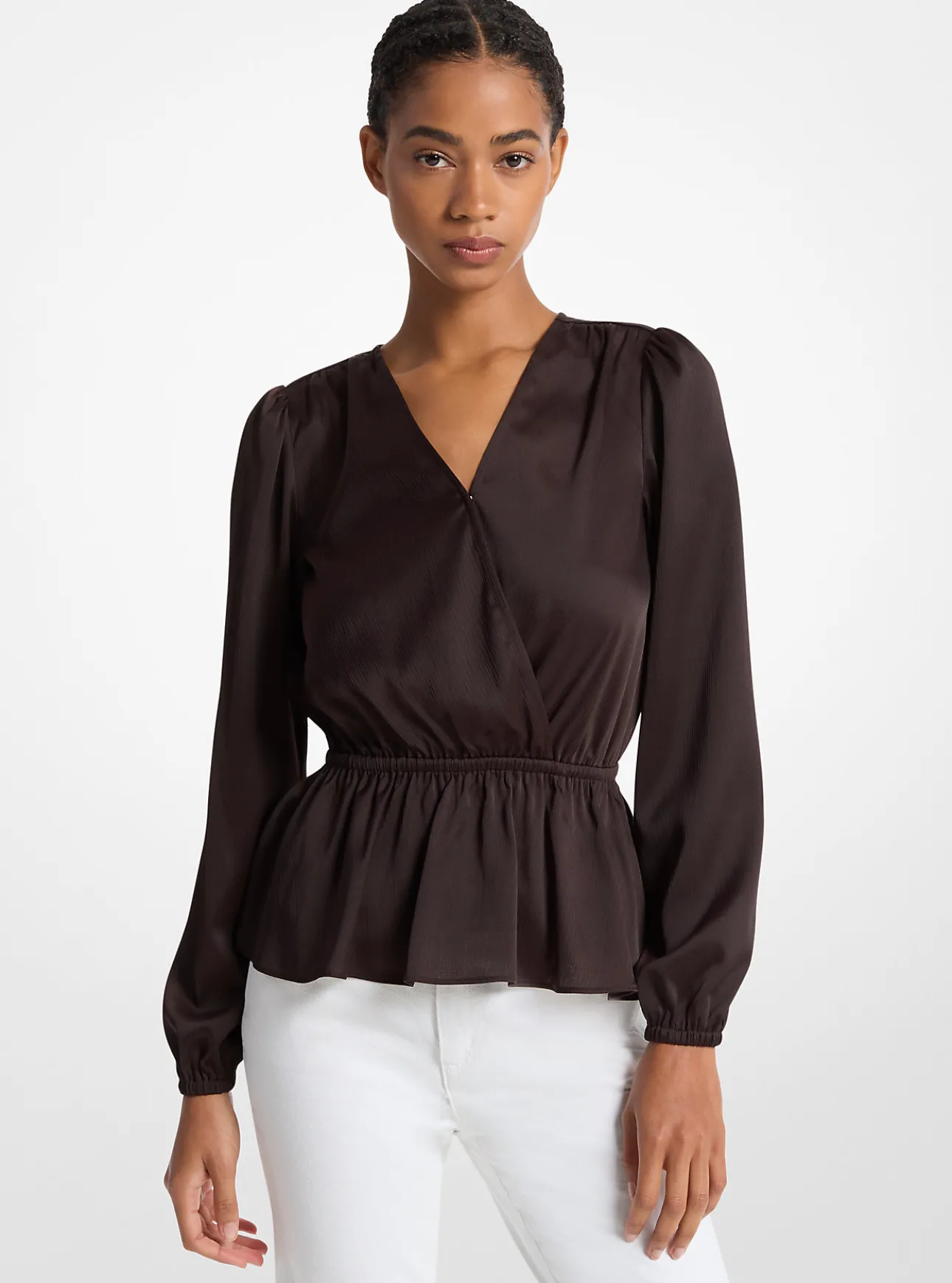 Crinkled Satin Long-Sleeve Top