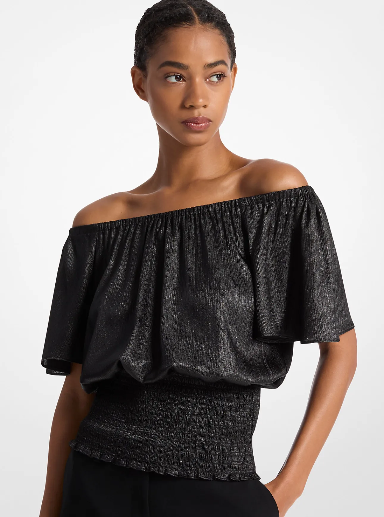 Crinkled Satin Off-The-Shoulder Top