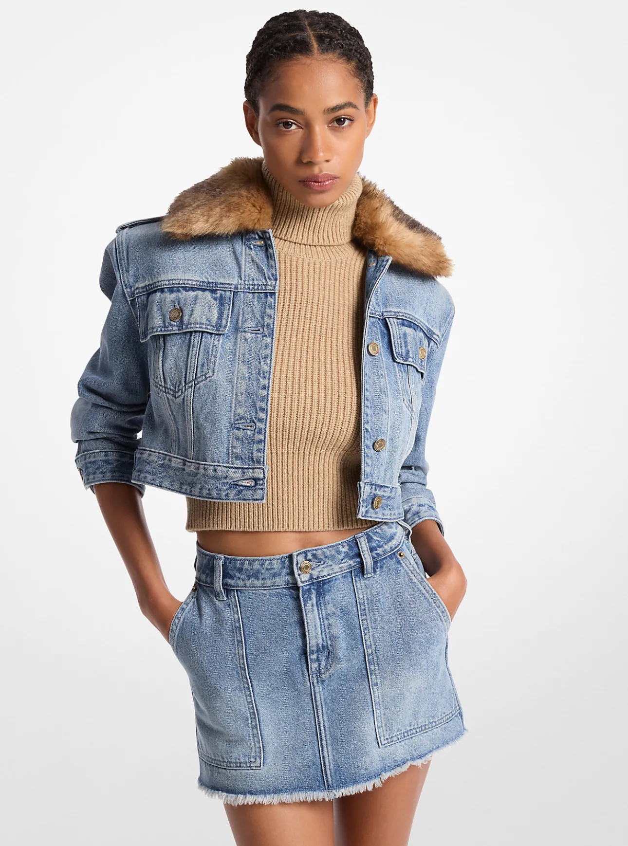 Faux Fur Trim Denim Cropped Jacket