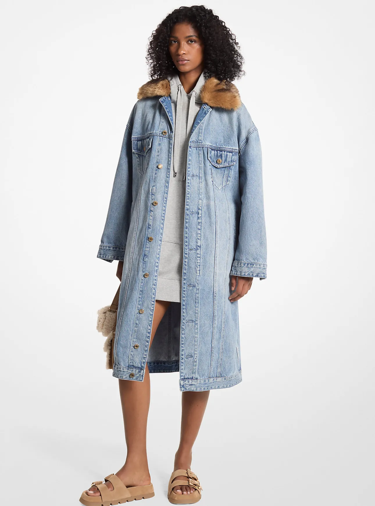 Faux Fur Trim Denim Oversized Coat