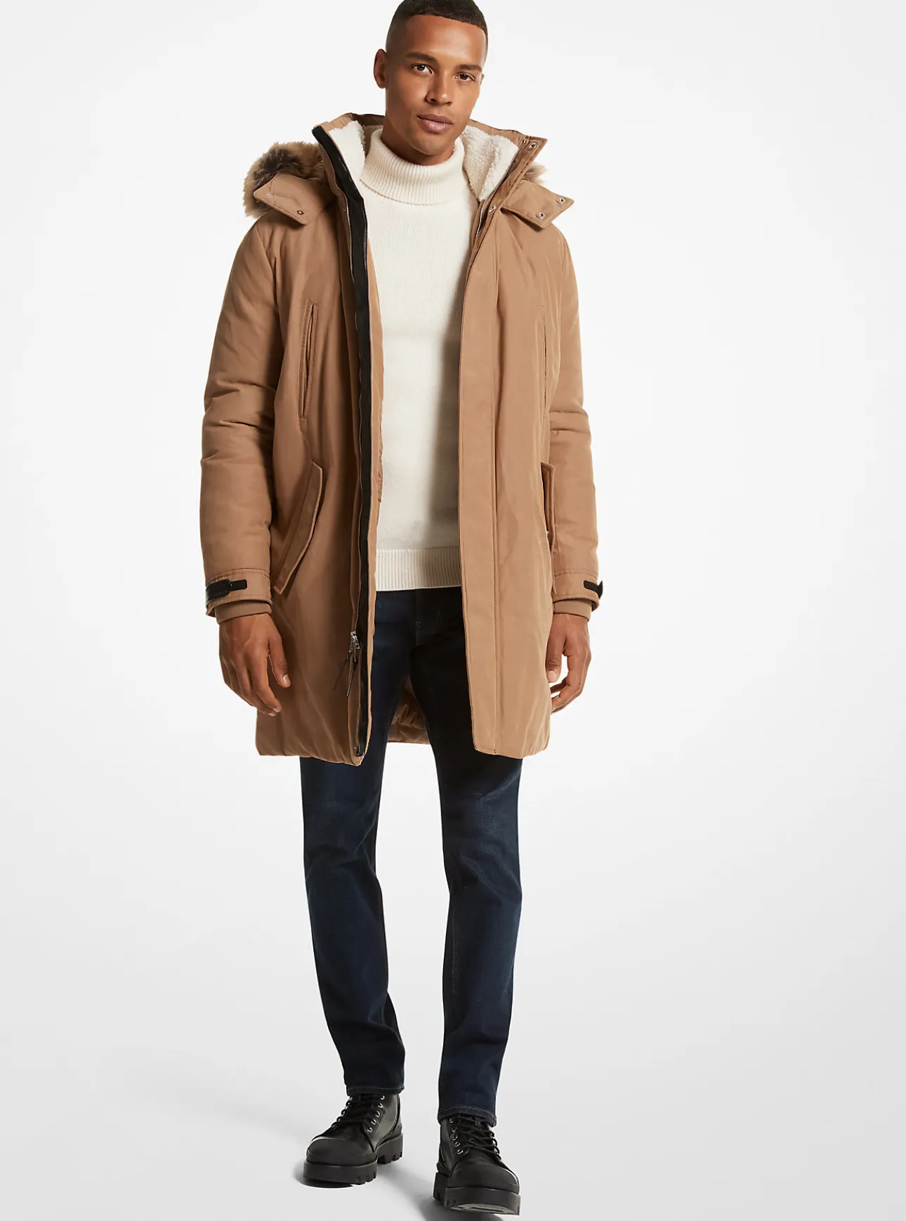 Faux Fur Trim Woven Parka