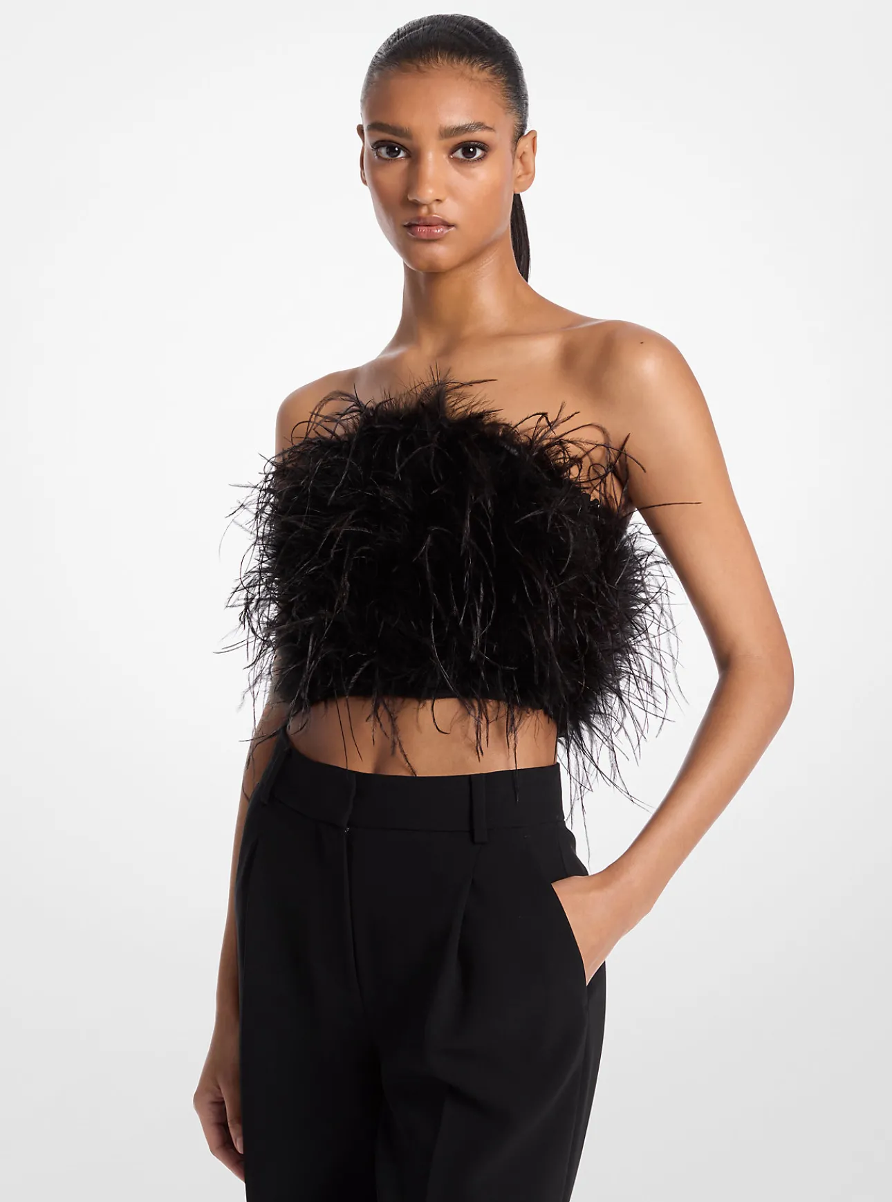 Feather Embellished Crepe Tube Top