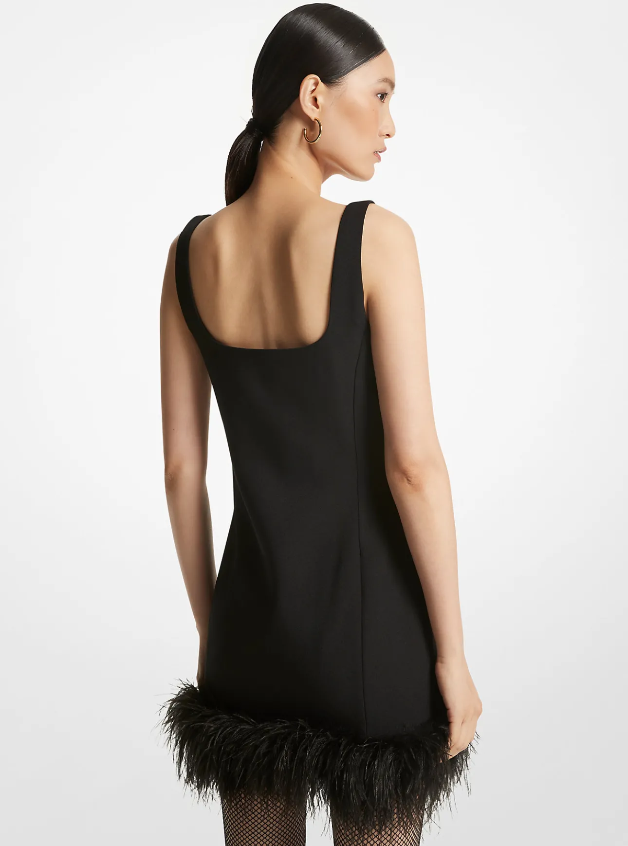 Feather Trim Stretch Crepe Shift Dress