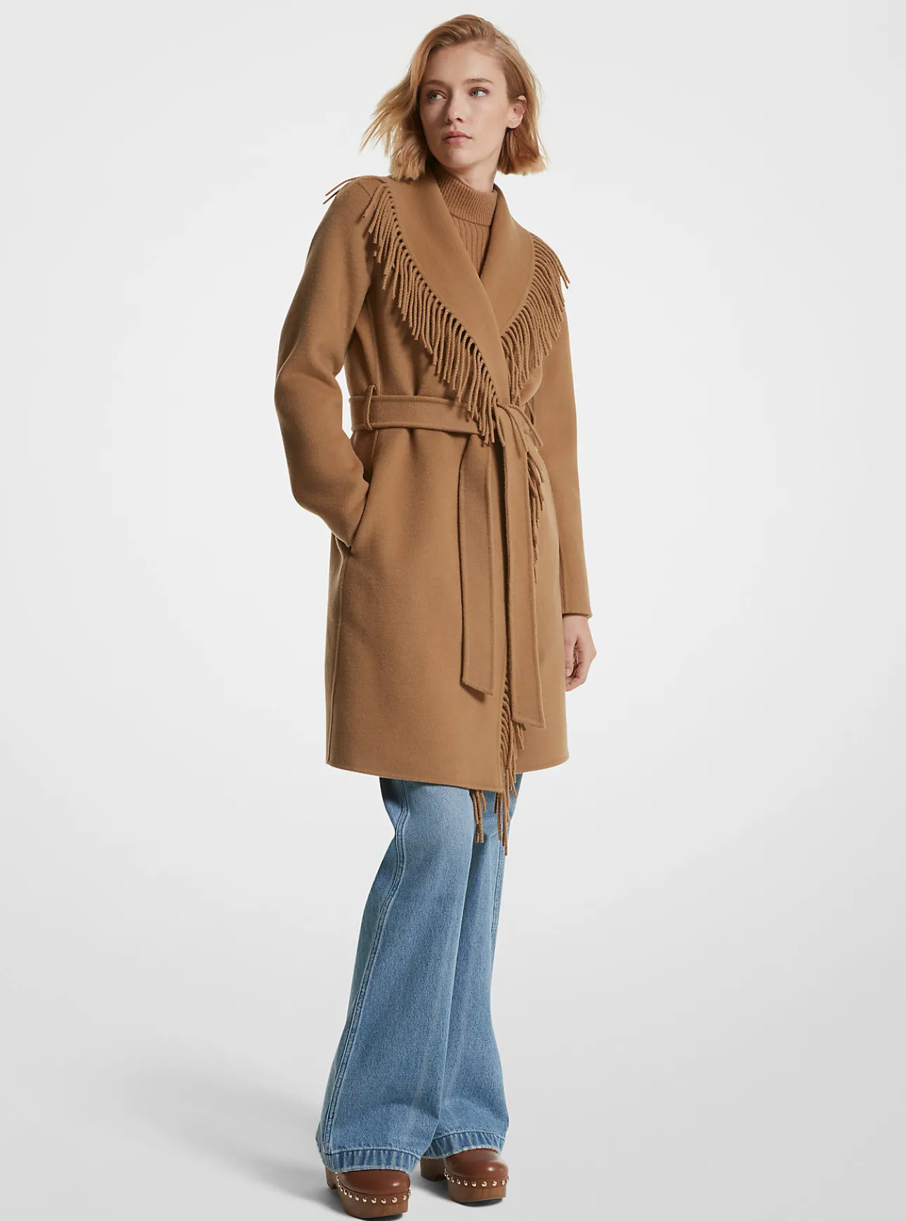 Fringe Wool Blend Belted Coat