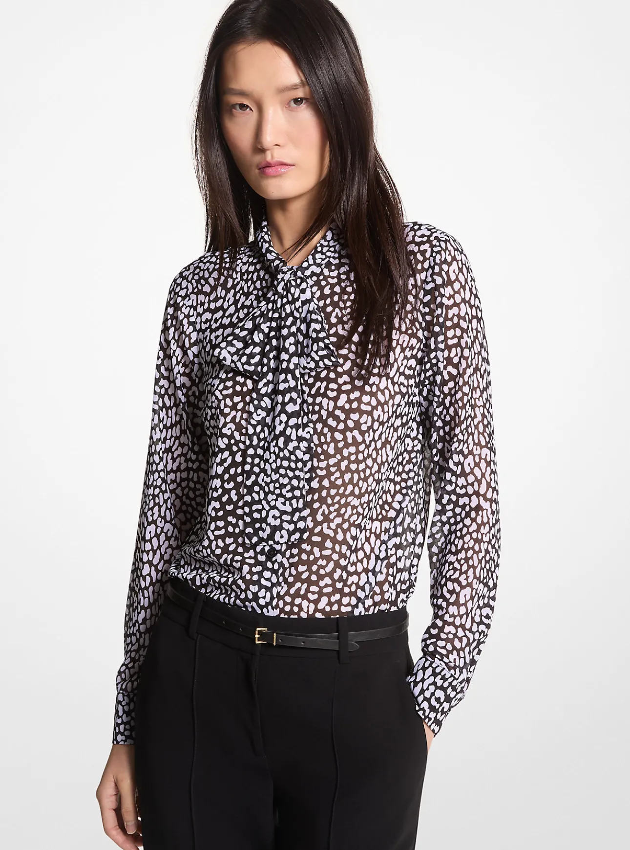 Graphic Leopard Print Georgette Tie-Neck Blouse