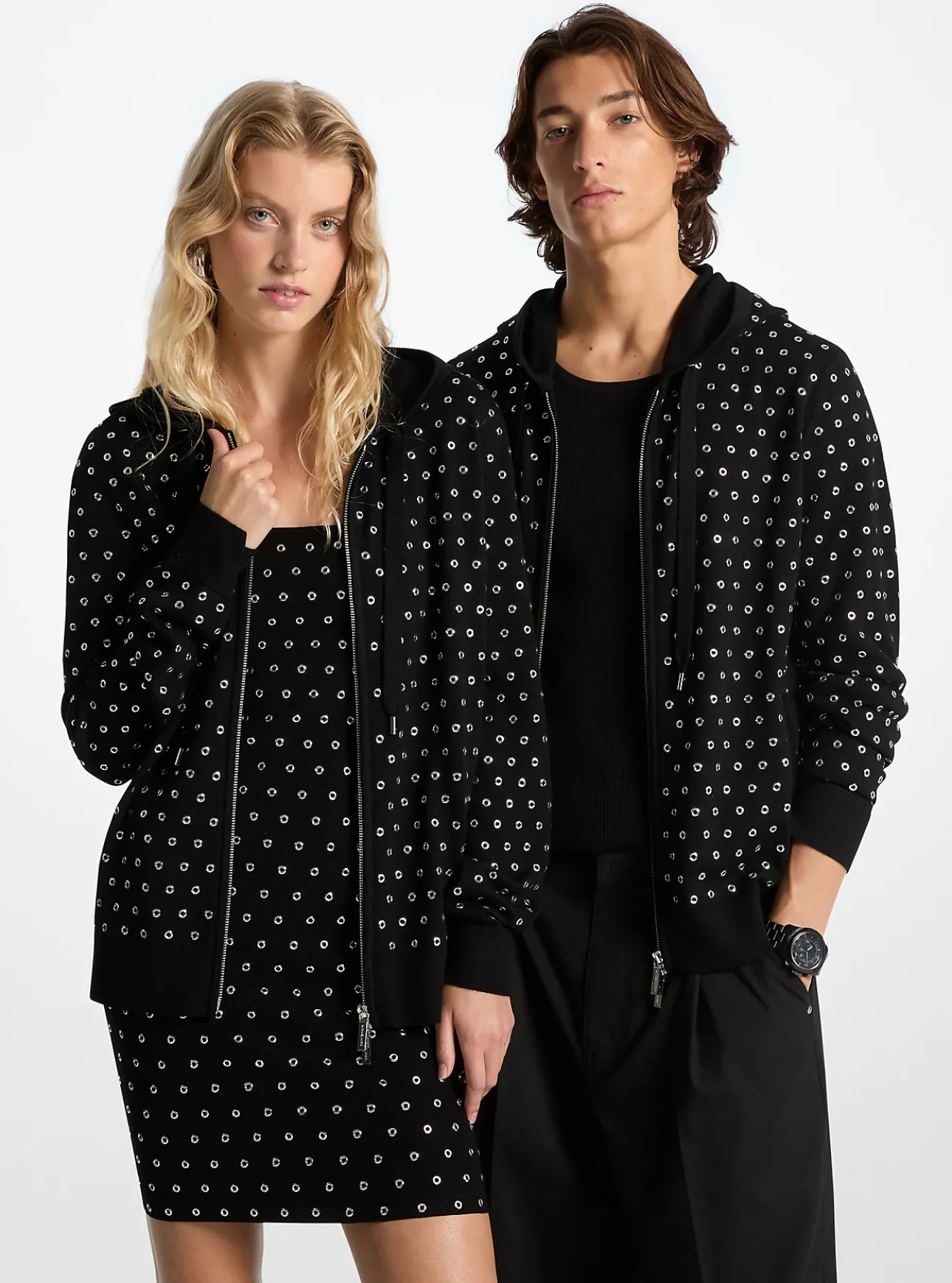 Grommeted Wool Zip-Up Hoodie