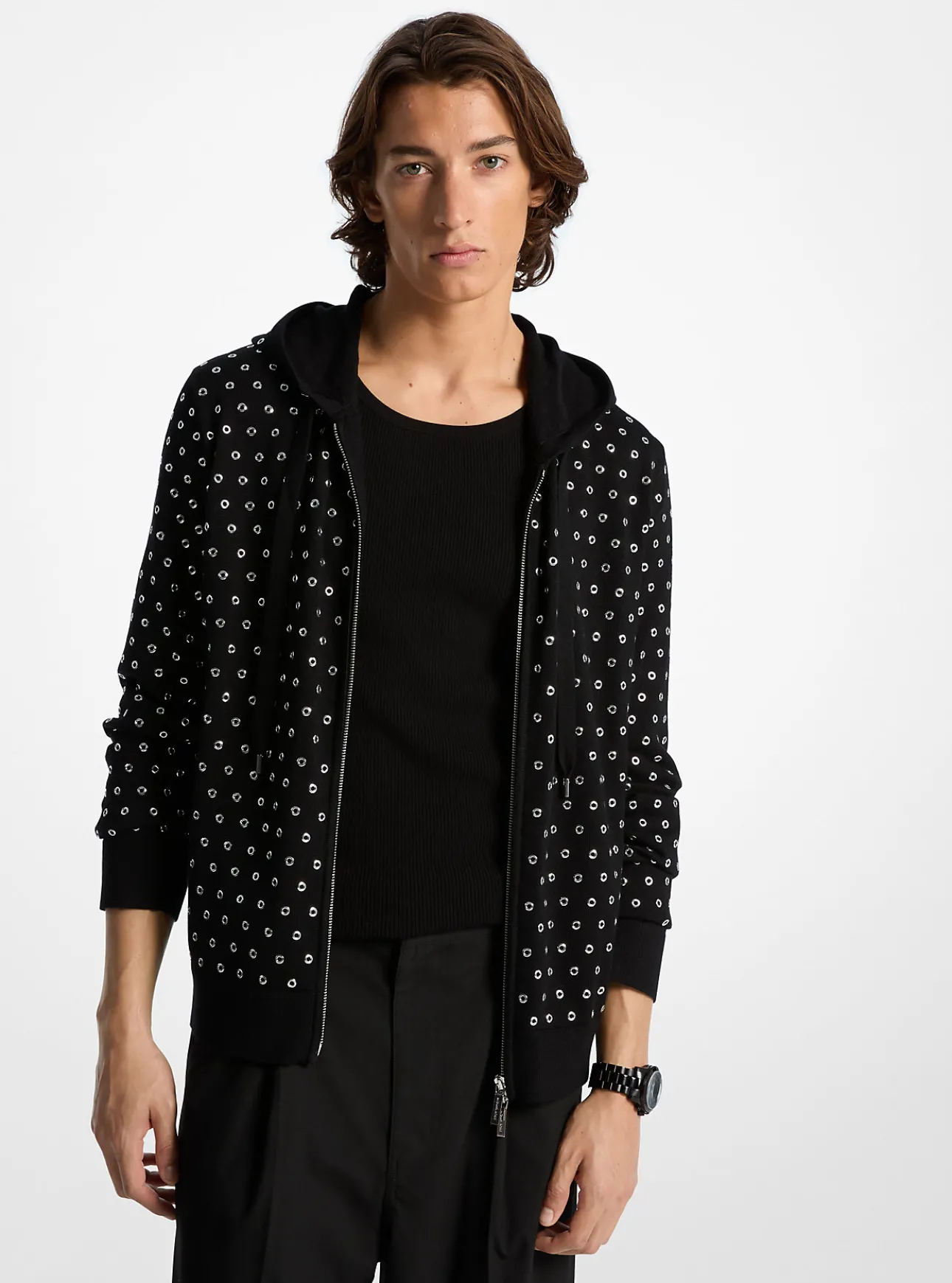 Grommeted Wool Zip-Up Hoodie