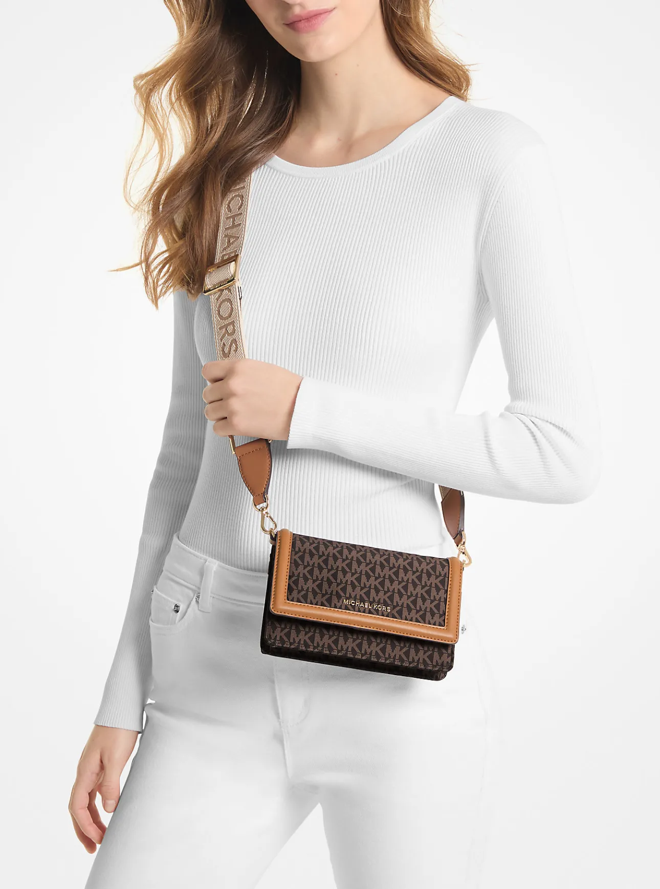 Jet Set Small Logo Print Woven Smartphone Crossbody Bag