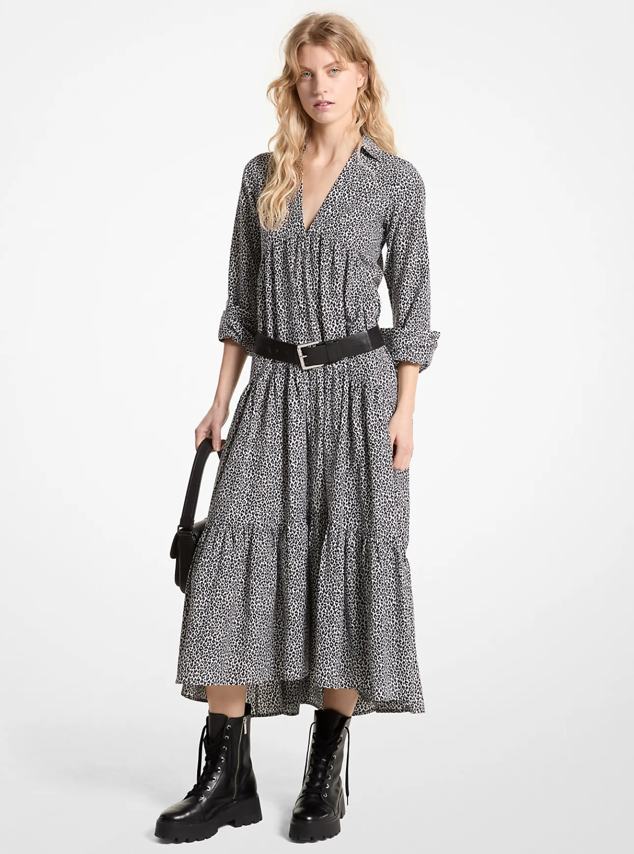 Leopard Print Cotton and Silk Tiered Midi Dress