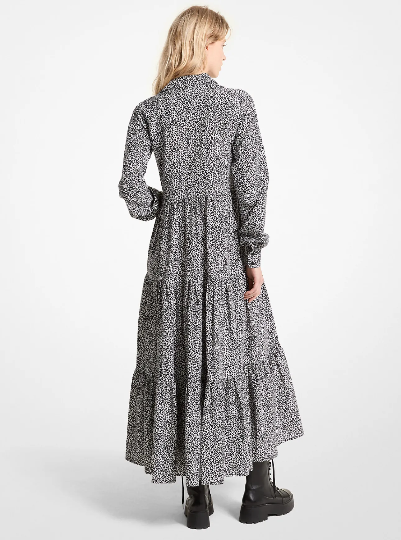 Leopard Print Cotton and Silk Tiered Midi Dress