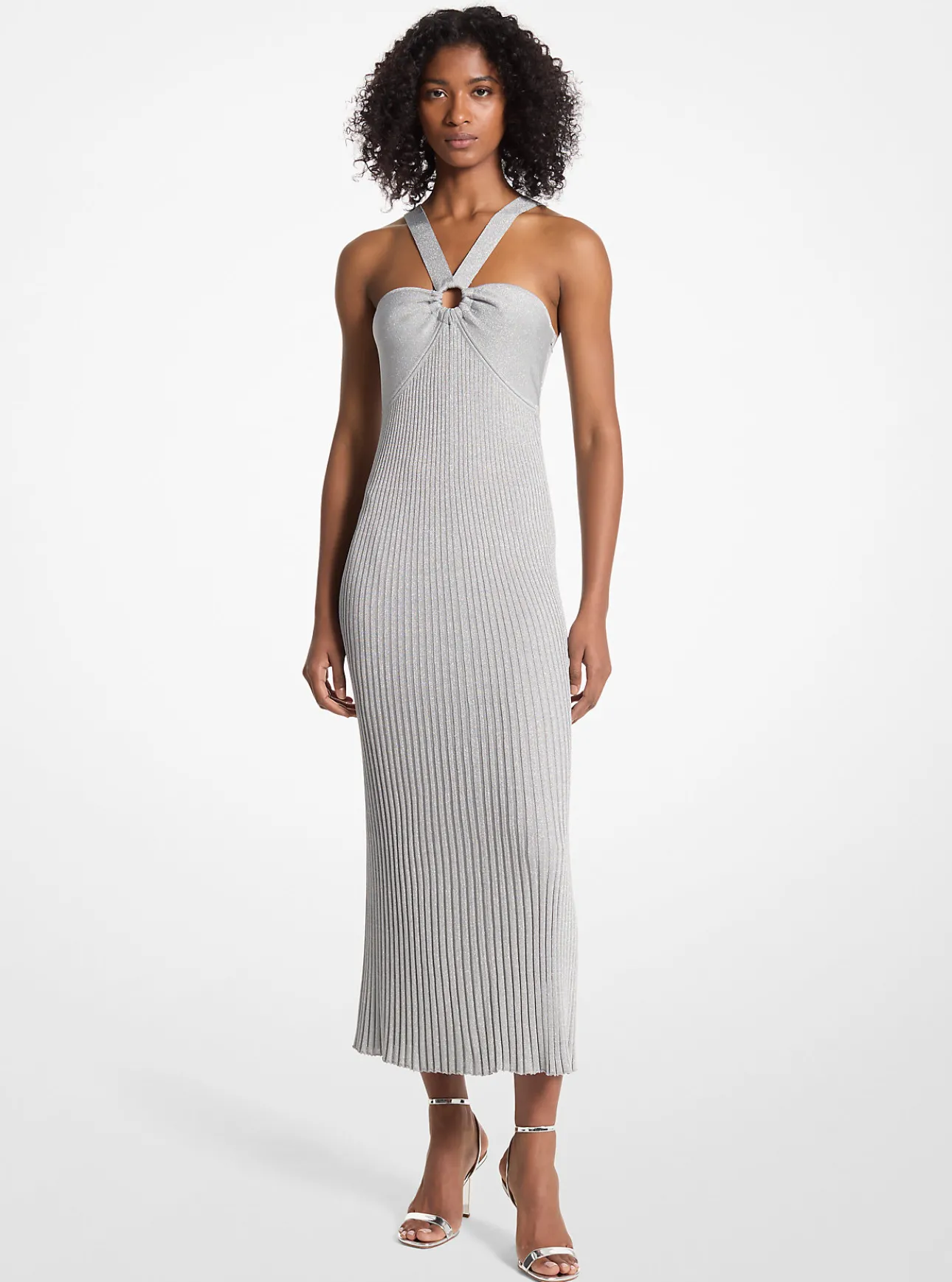 Metallic Knit Ring Halter Dress