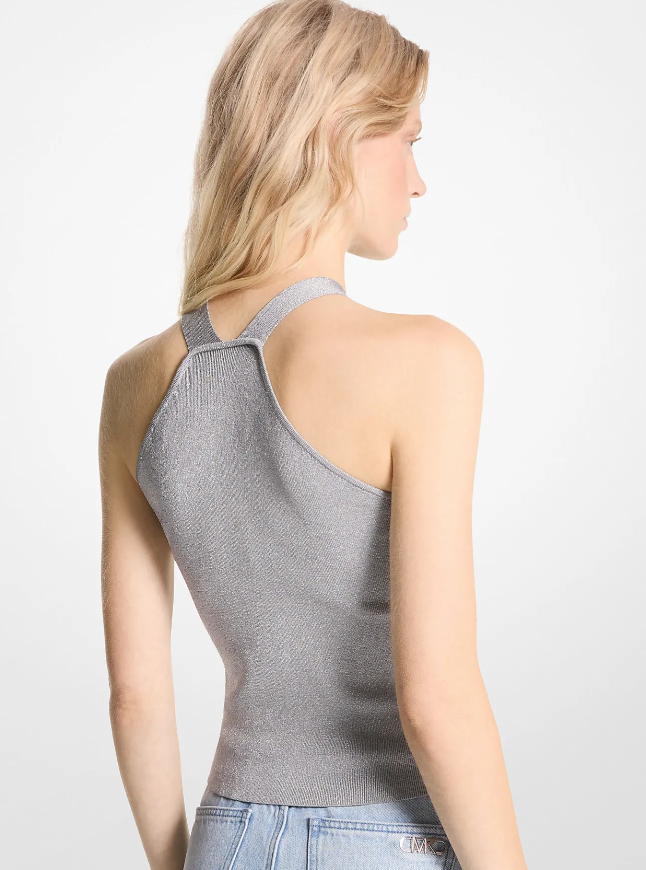 Metallic Stretch Knit Cutout Halter Tank