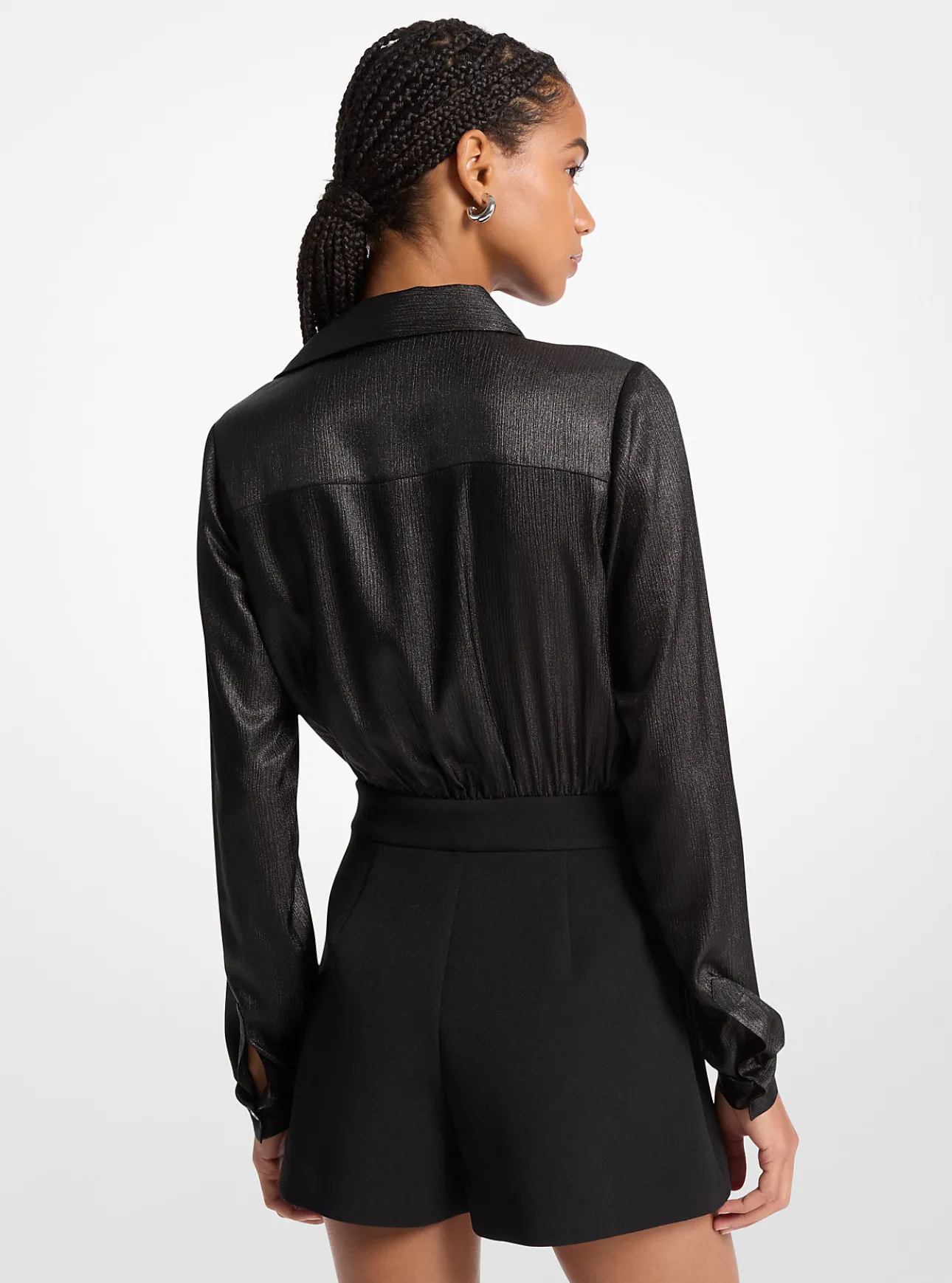 Mixed-Media Crinkled Satin Romper