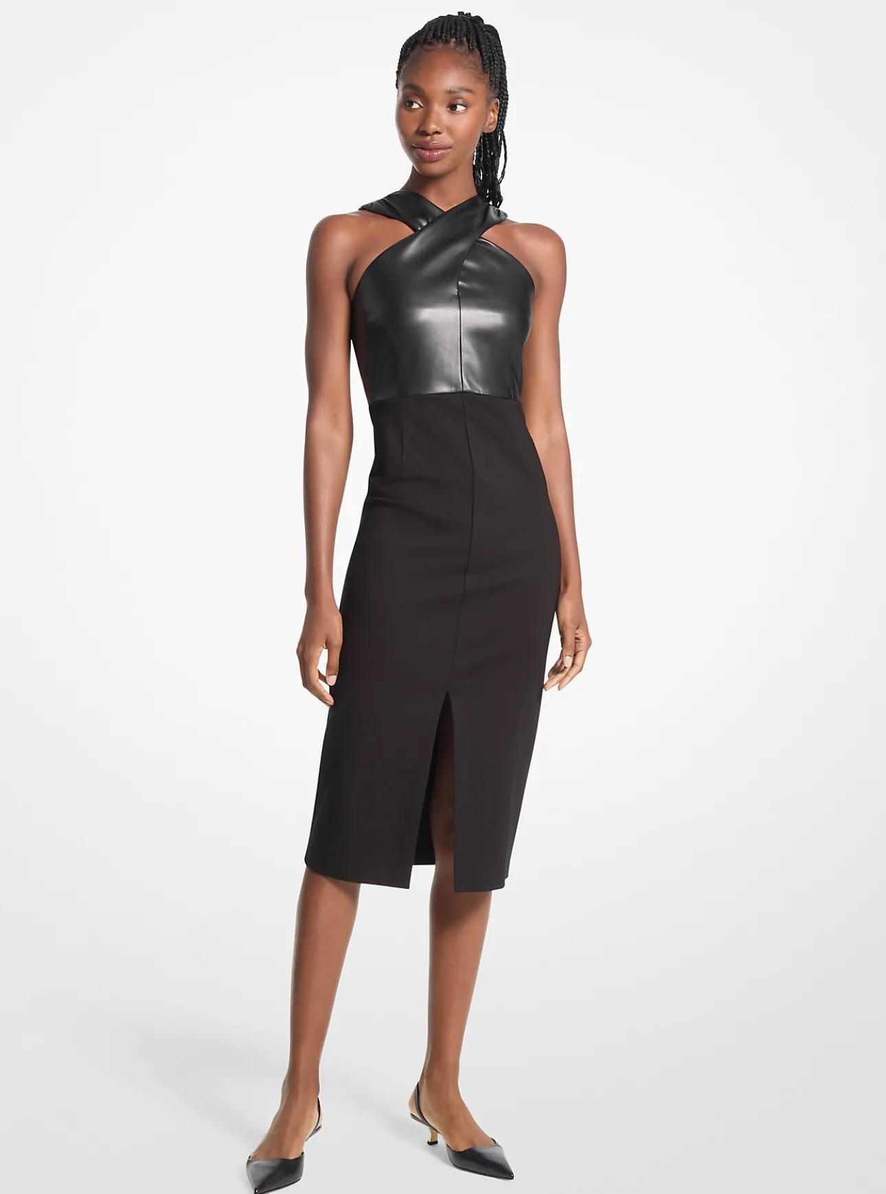 Mixed-Media Ponte Halter Dress