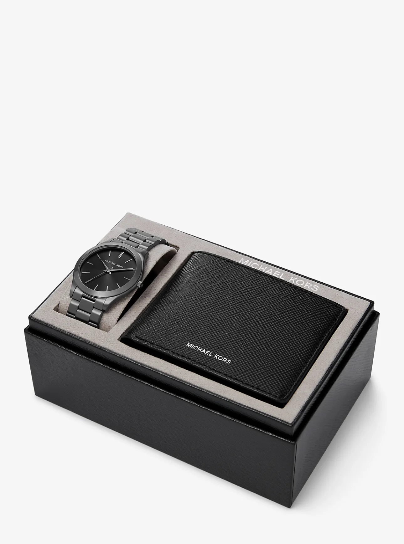 Oversized Slim Runway Gunmetal Watch And Jet Set Charm Leather Wallet Gift Set