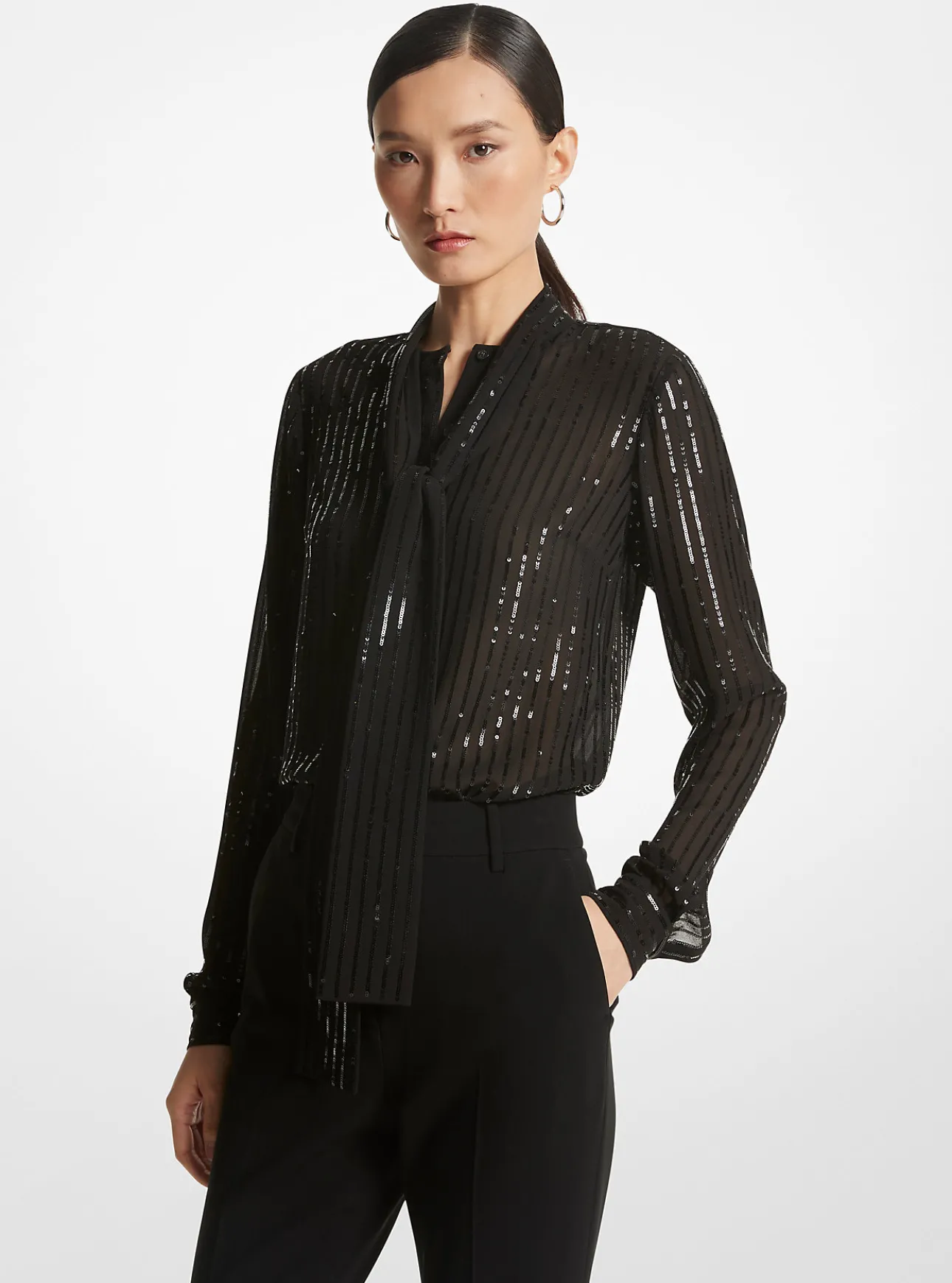 Pinstripe Sequined Georgette Tie-Neck Blouse