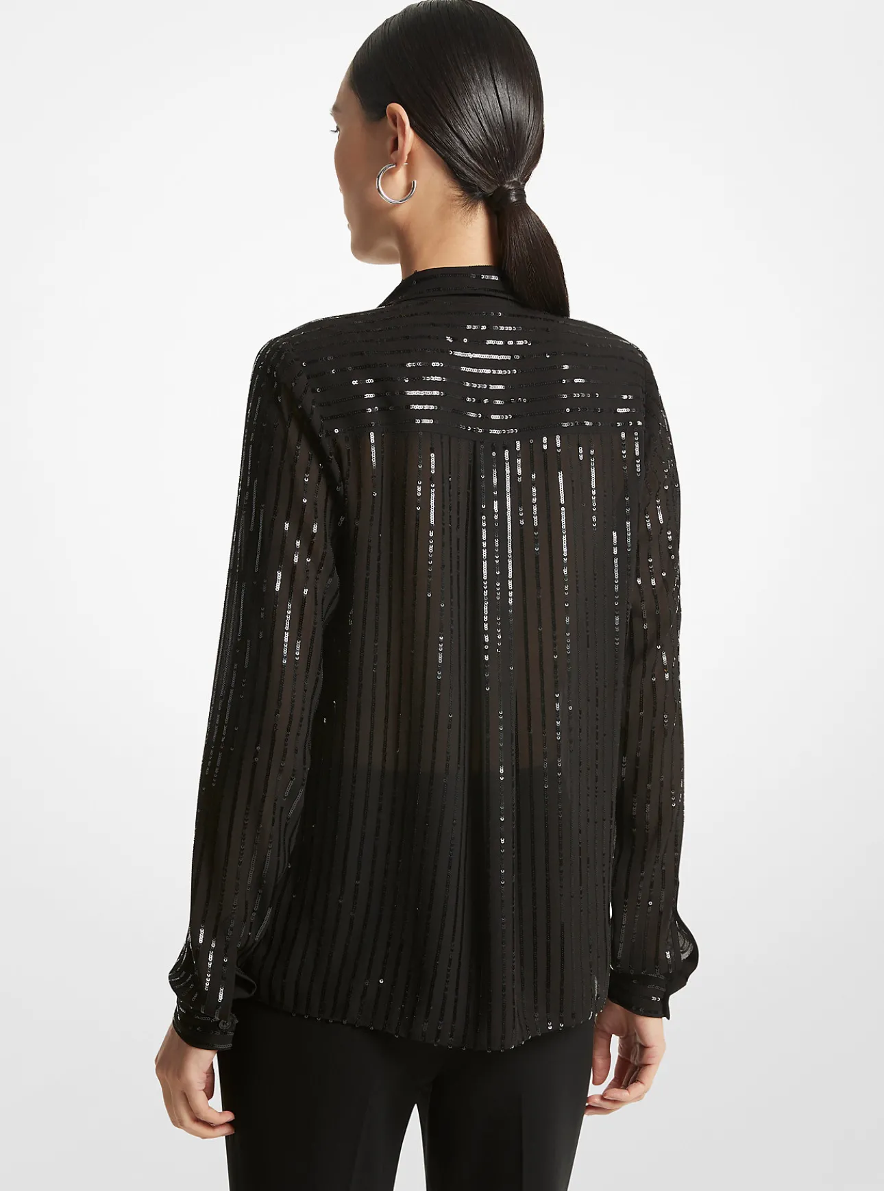 Pinstripe Sequined Georgette Tie-Neck Blouse