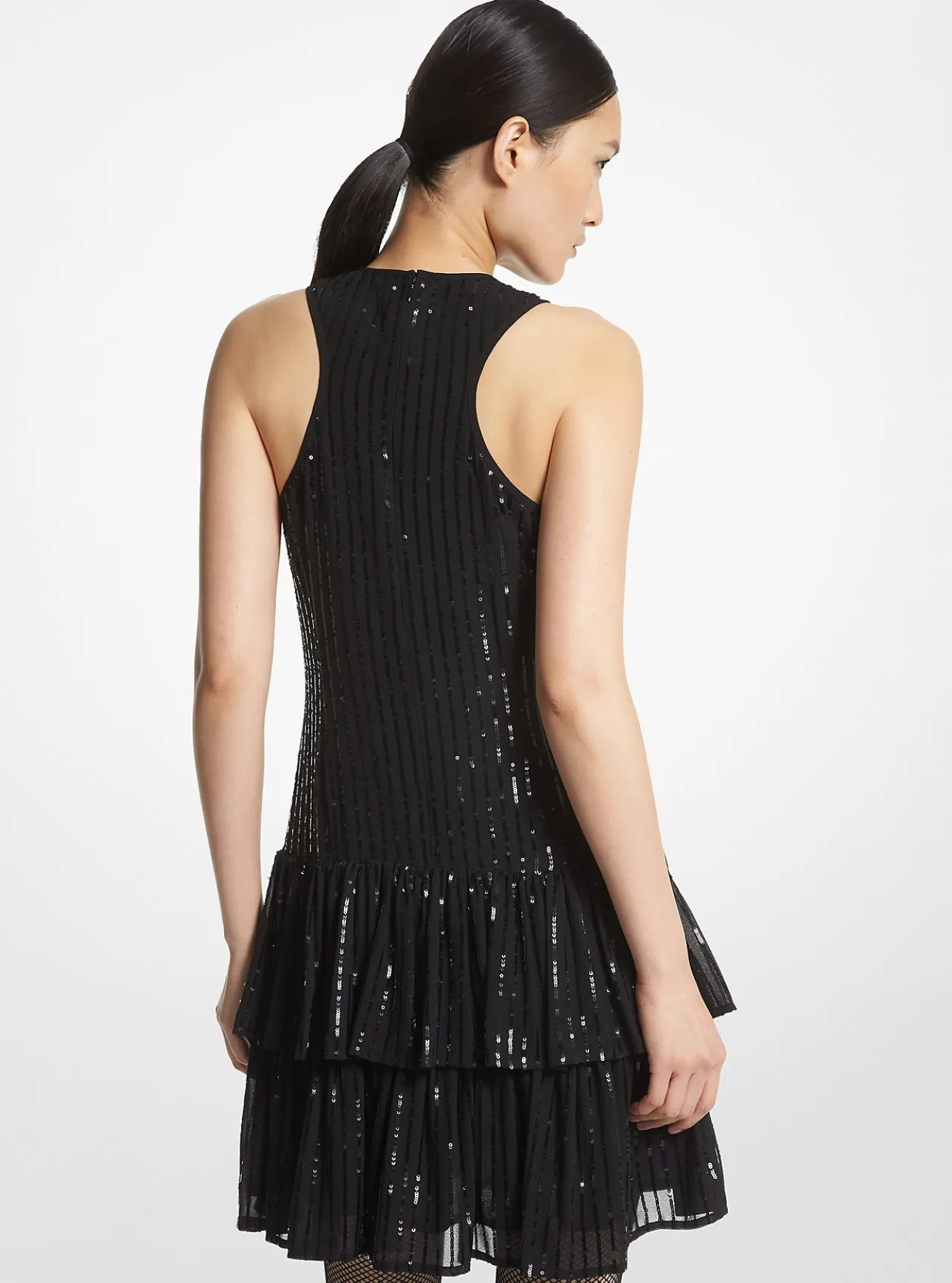 Pinstripe Sequined Georgette Halter Dress