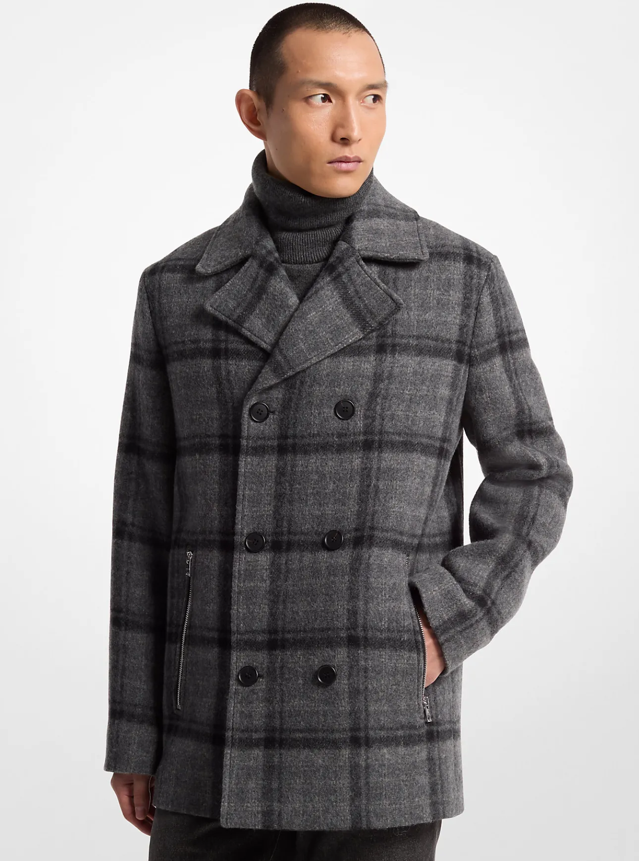 Plaid Textured Wool Blend Peacoat