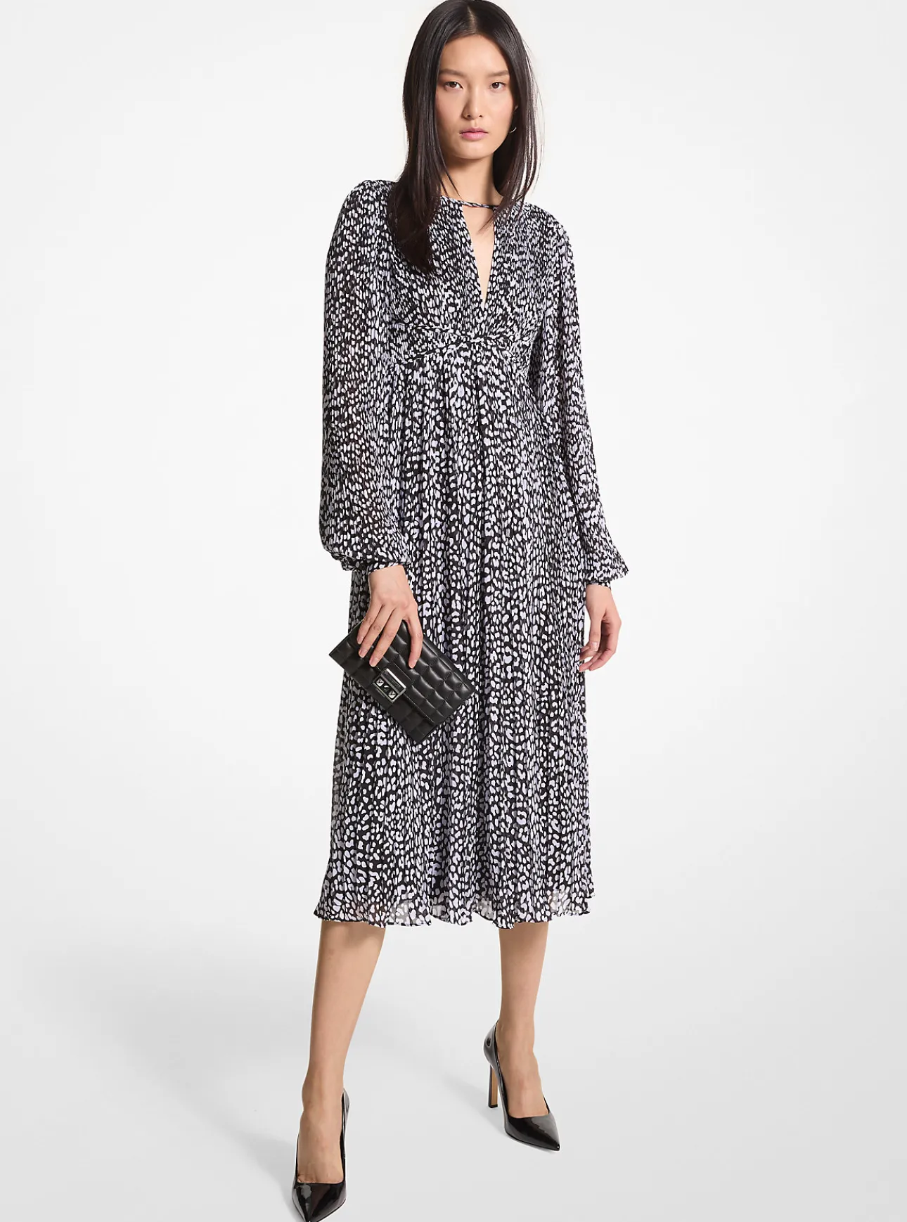 Pleated Leopard Print Georgette Midi Dress