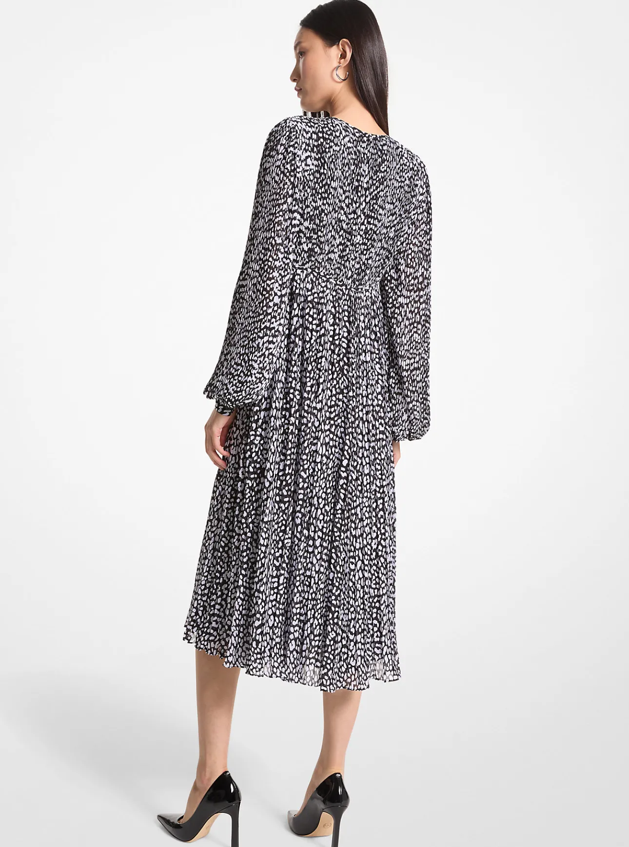 Pleated Leopard Print Georgette Midi Dress