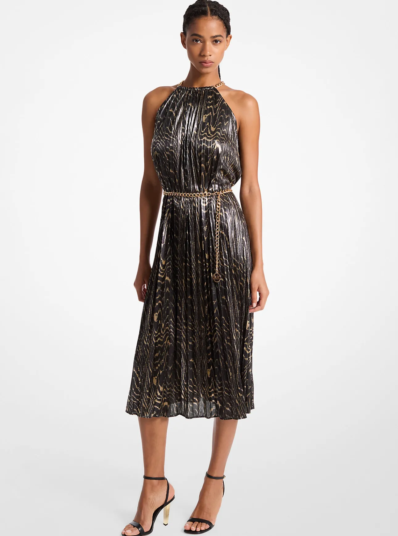 Pleated Metallic Halter Dress