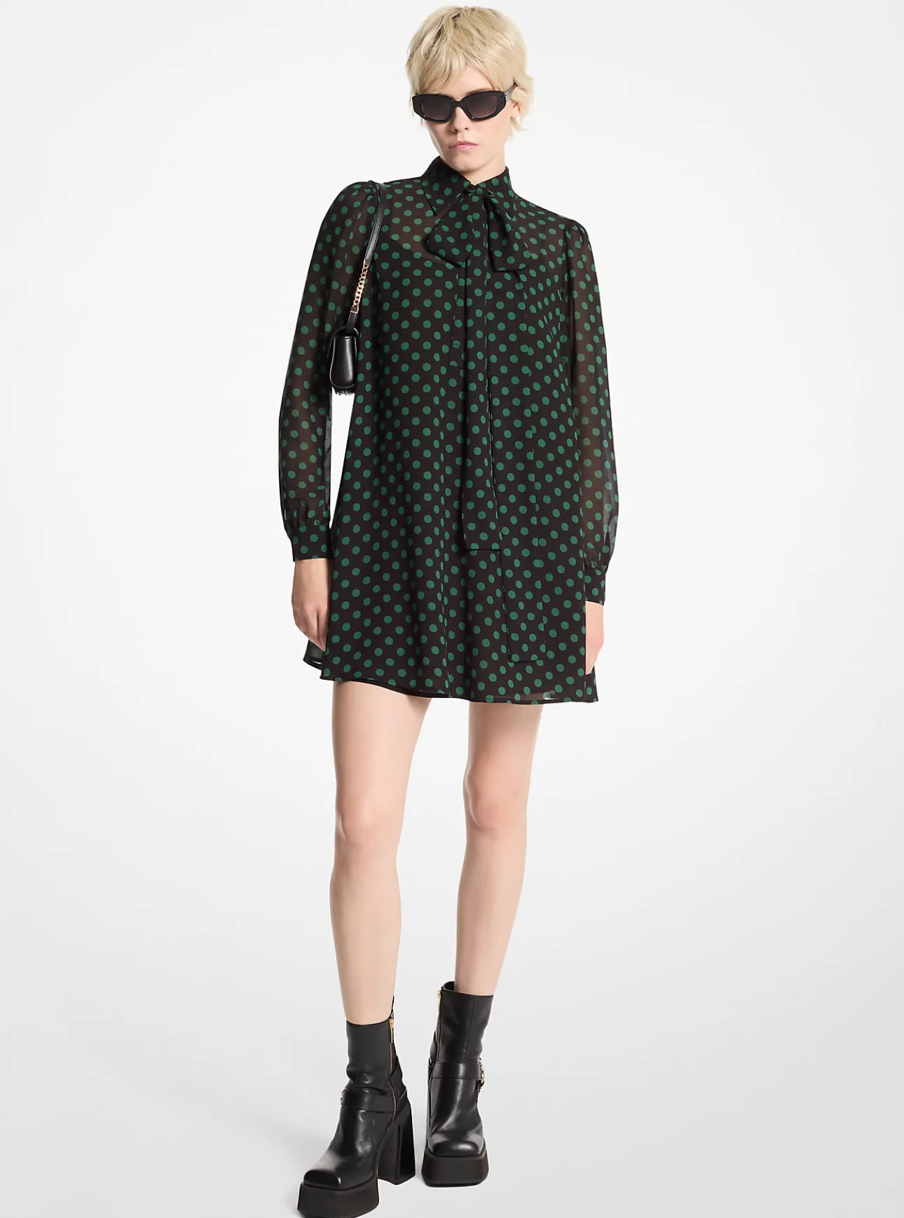 Polka Dot Georgette Tie-Neck Dress