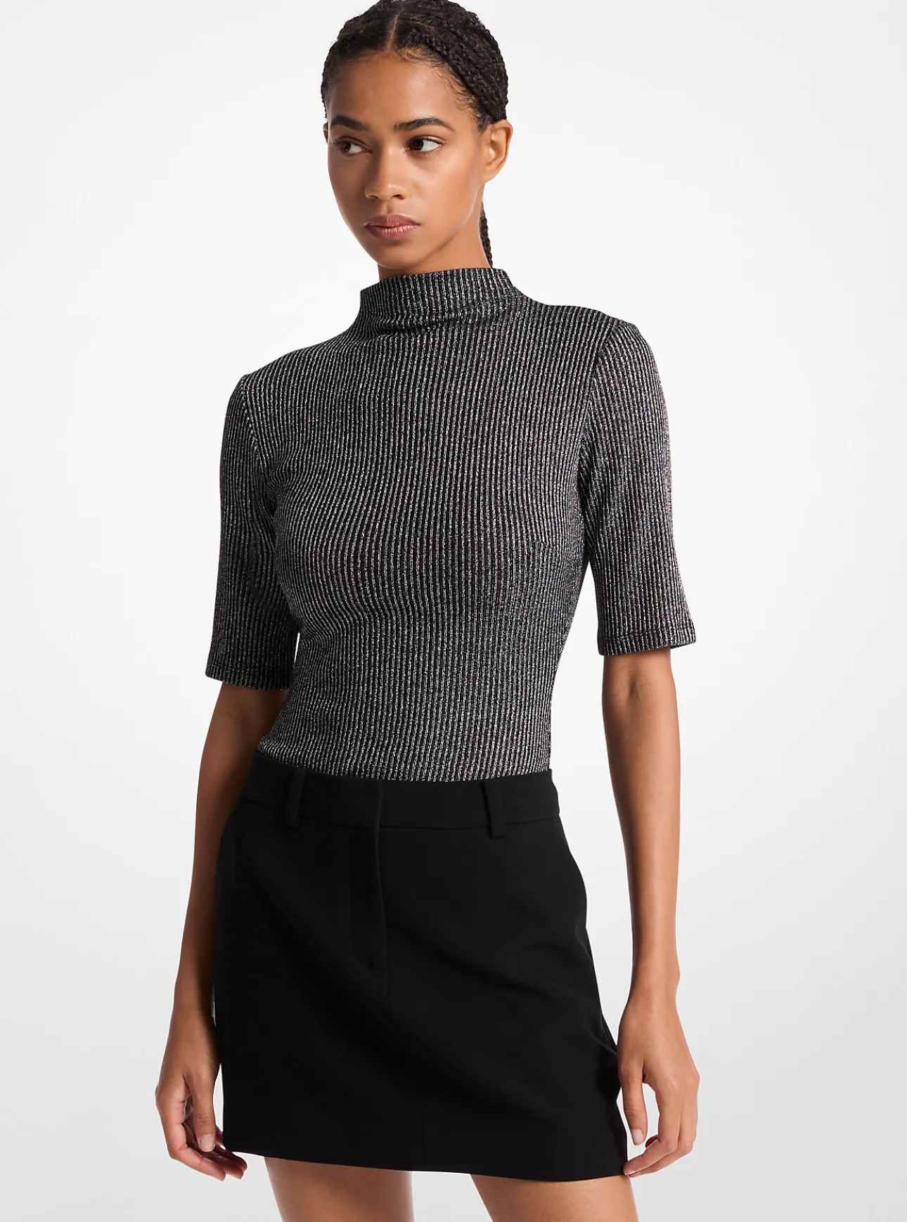 Ribbed Metallic Funnel Neck Top