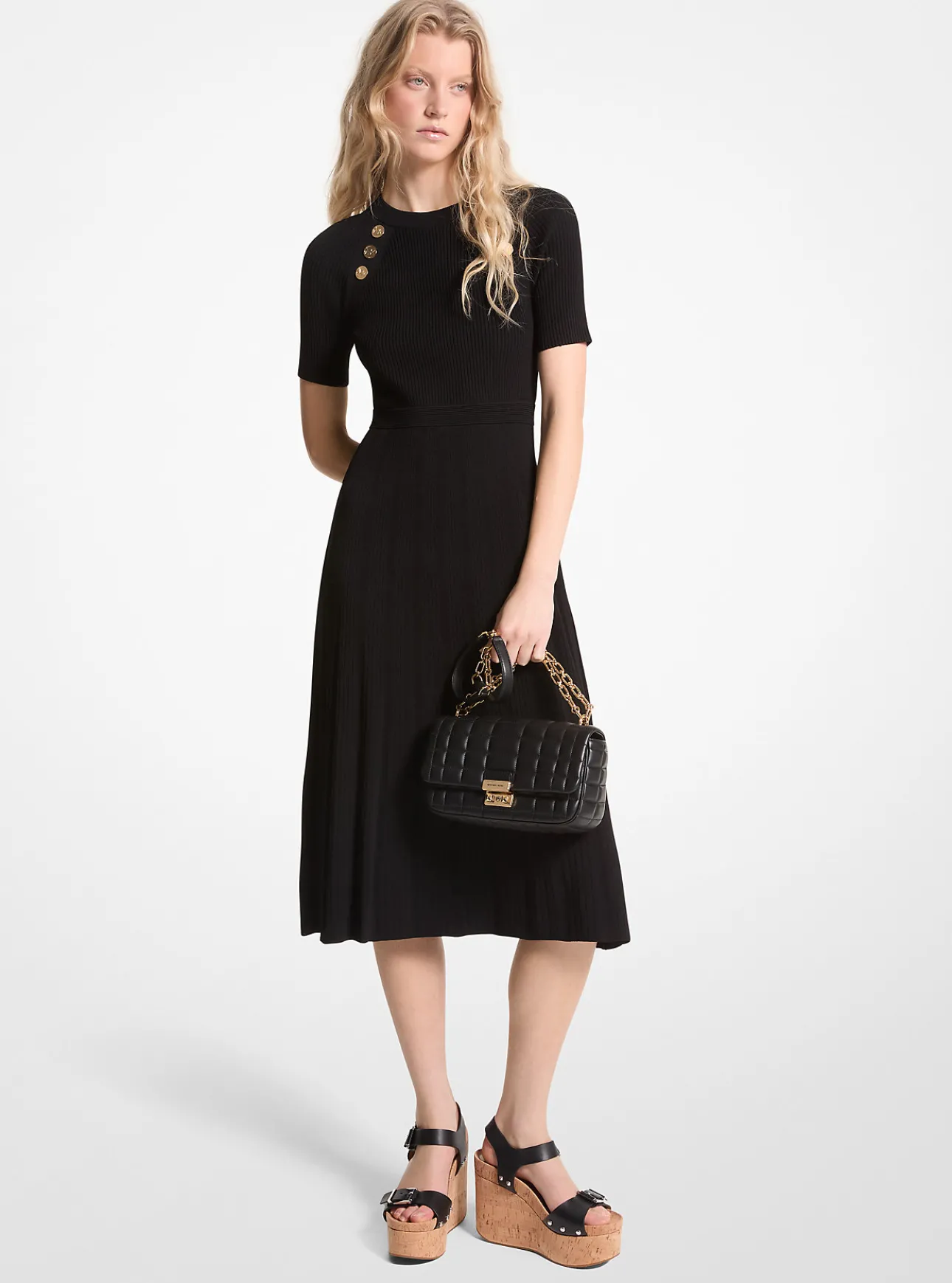 Ribbed Stretch Knit Button Midi Dress