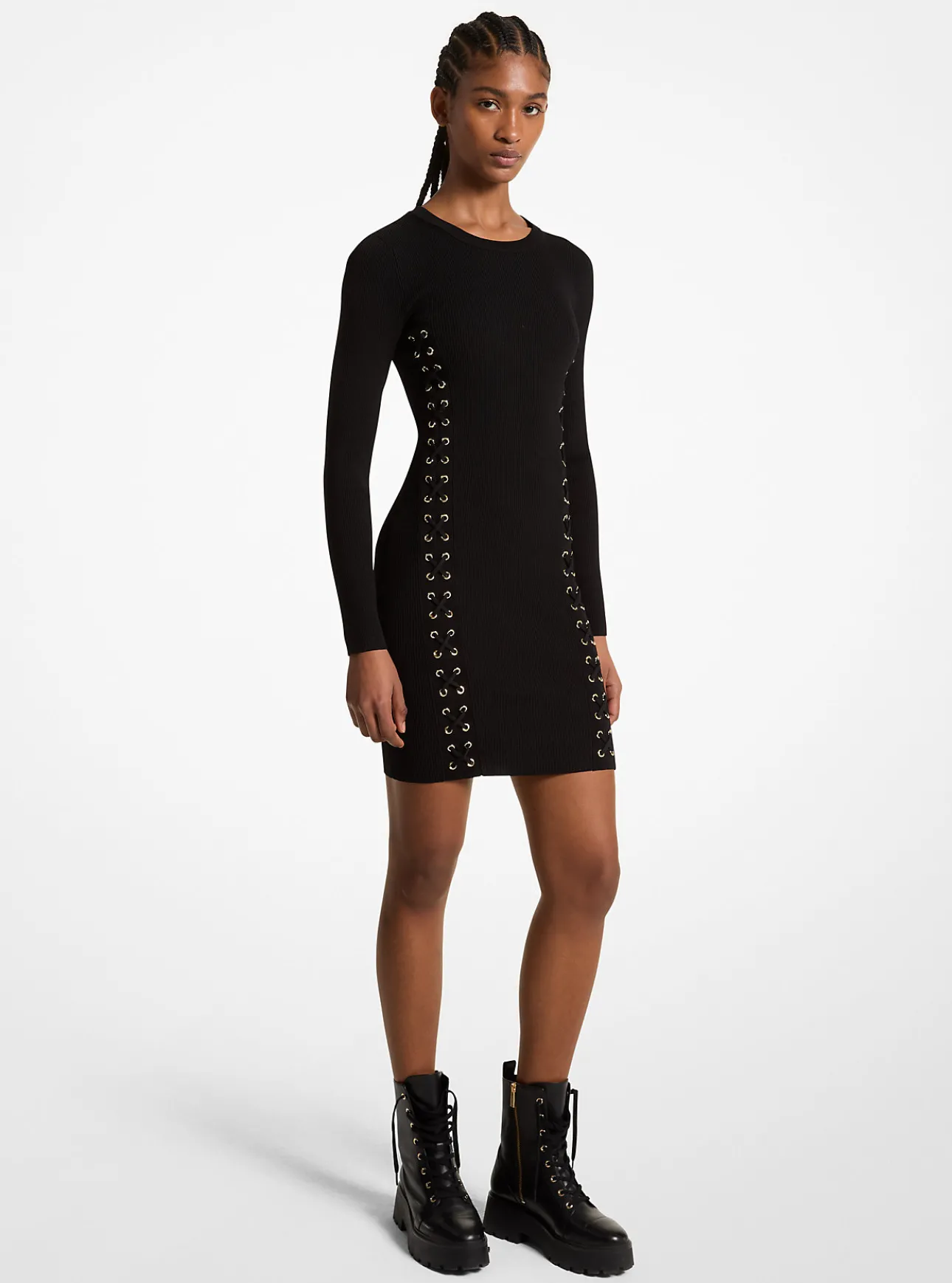 Ribbed Stretch Knit Lace-Up Dress