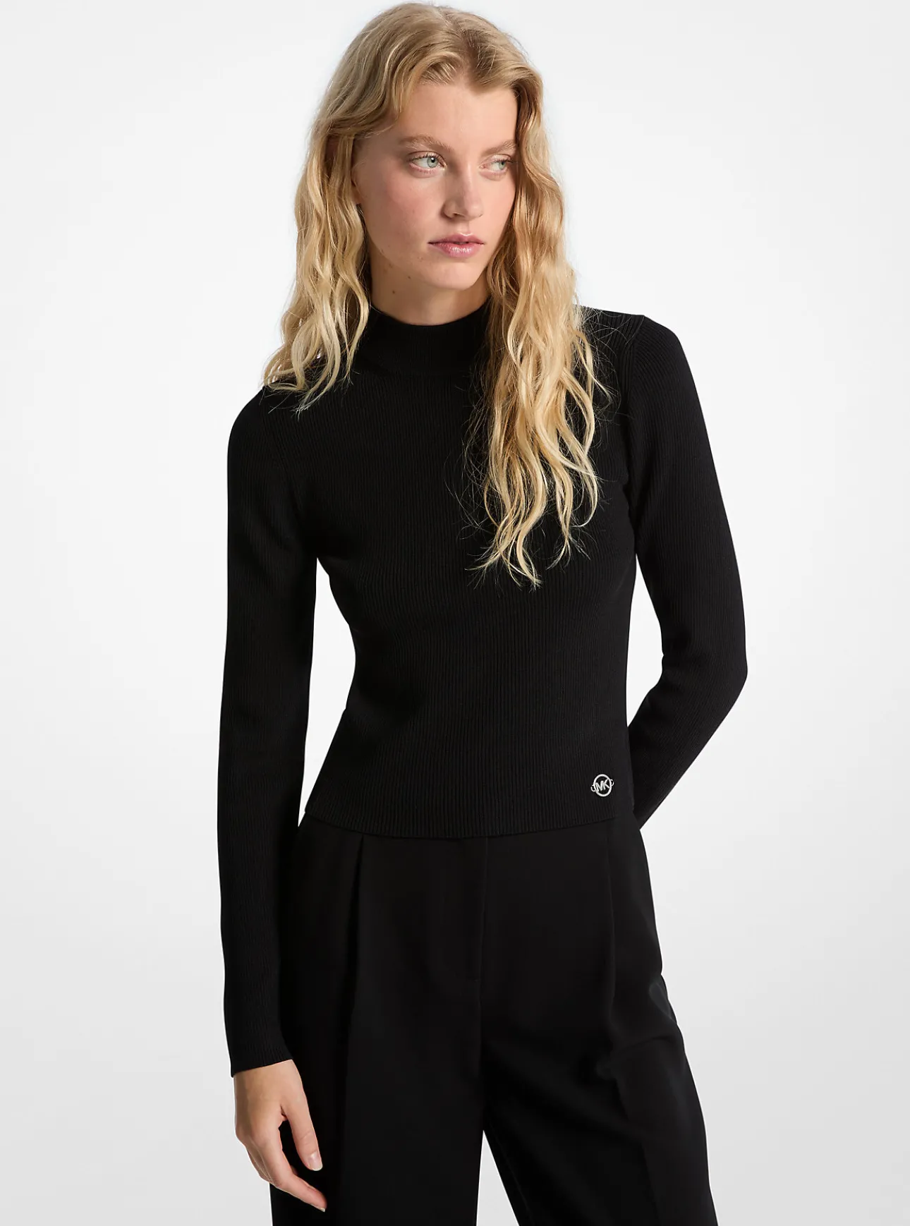 Ribbed Stretch Knit Mock Neck Sweater