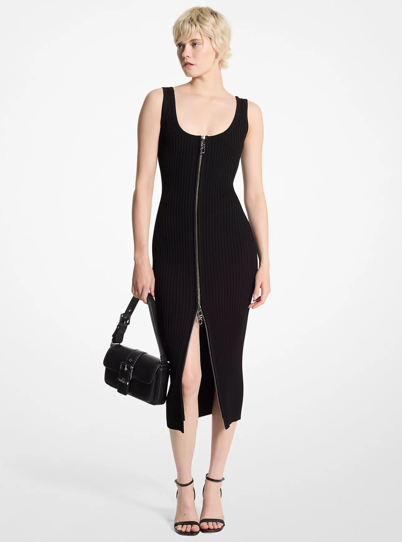 Ribbed Stretch Knit Zip Dress