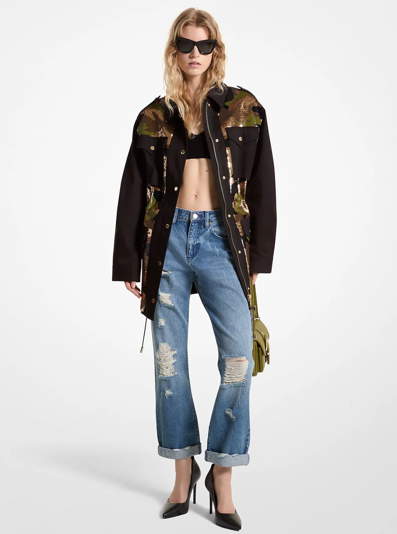 Sequined Camouflage Stretch Organic Cotton Anorak