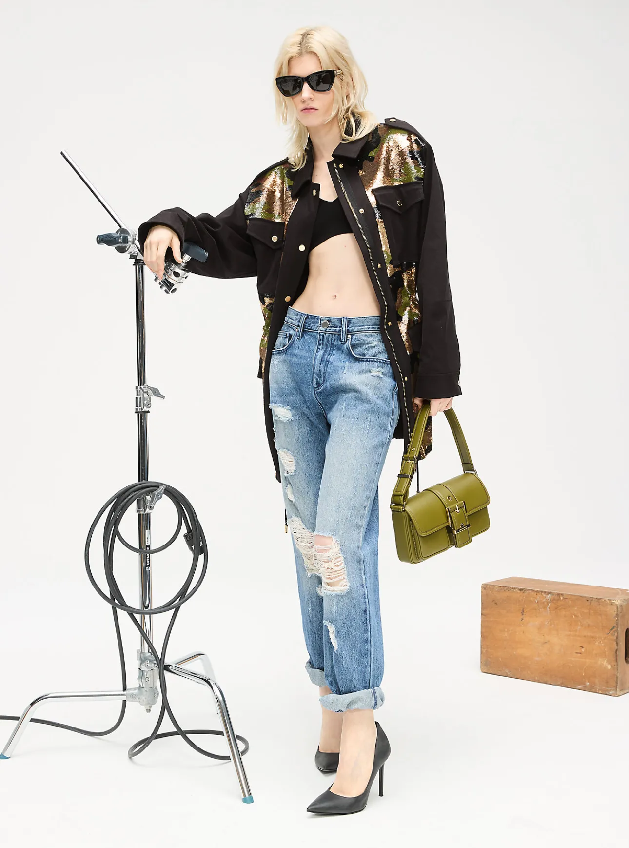 Sequined Camouflage Stretch Organic Cotton Anorak