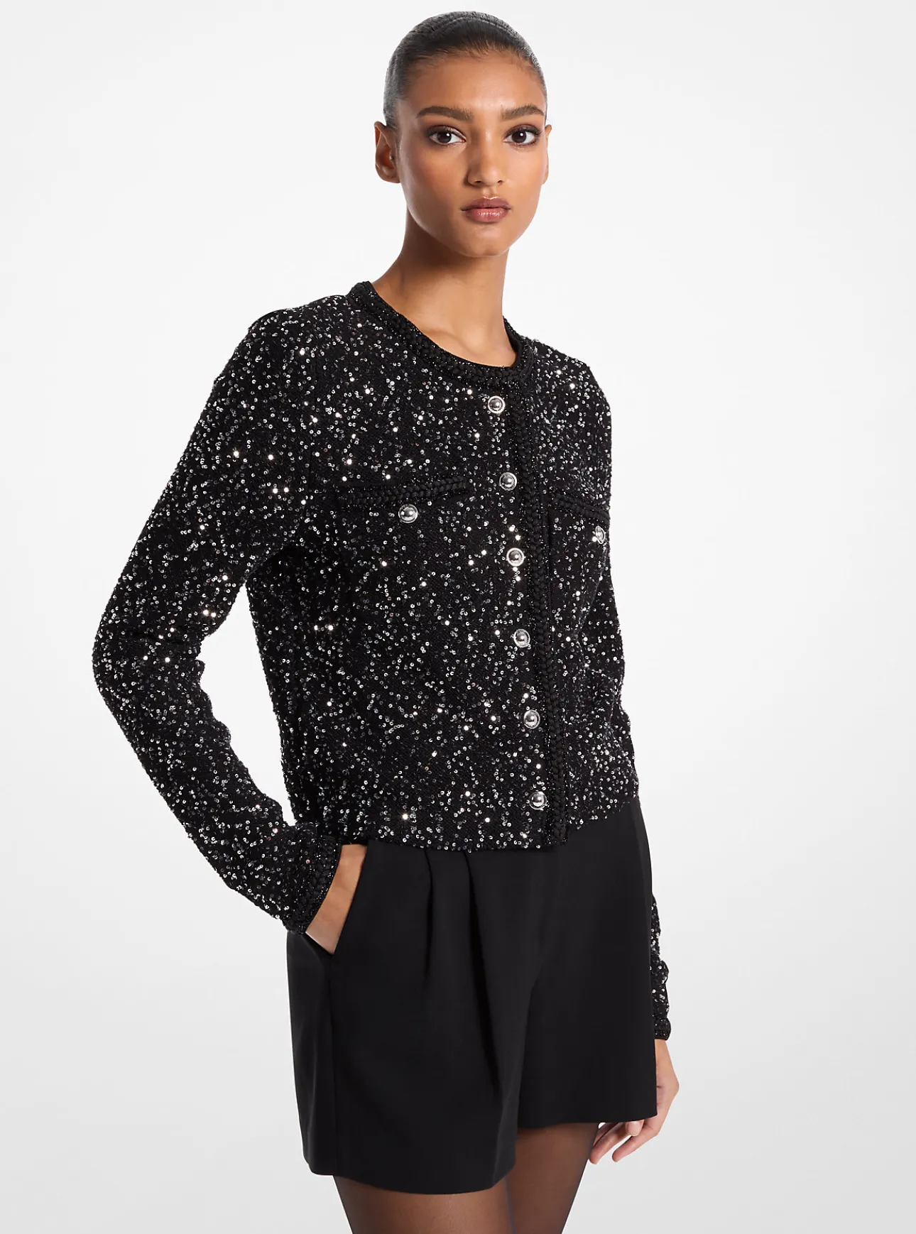Sequined Metallic Stretch Knit Jacket