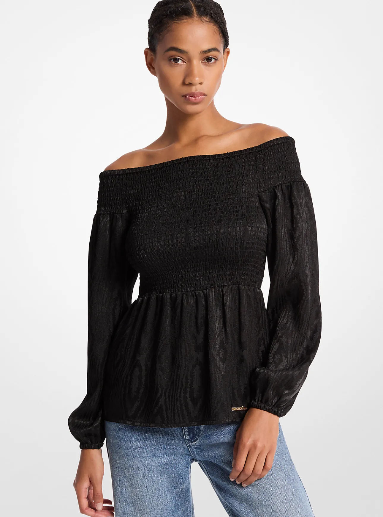 Smocked Moiré Jacquard Off-The-Shoulder Top