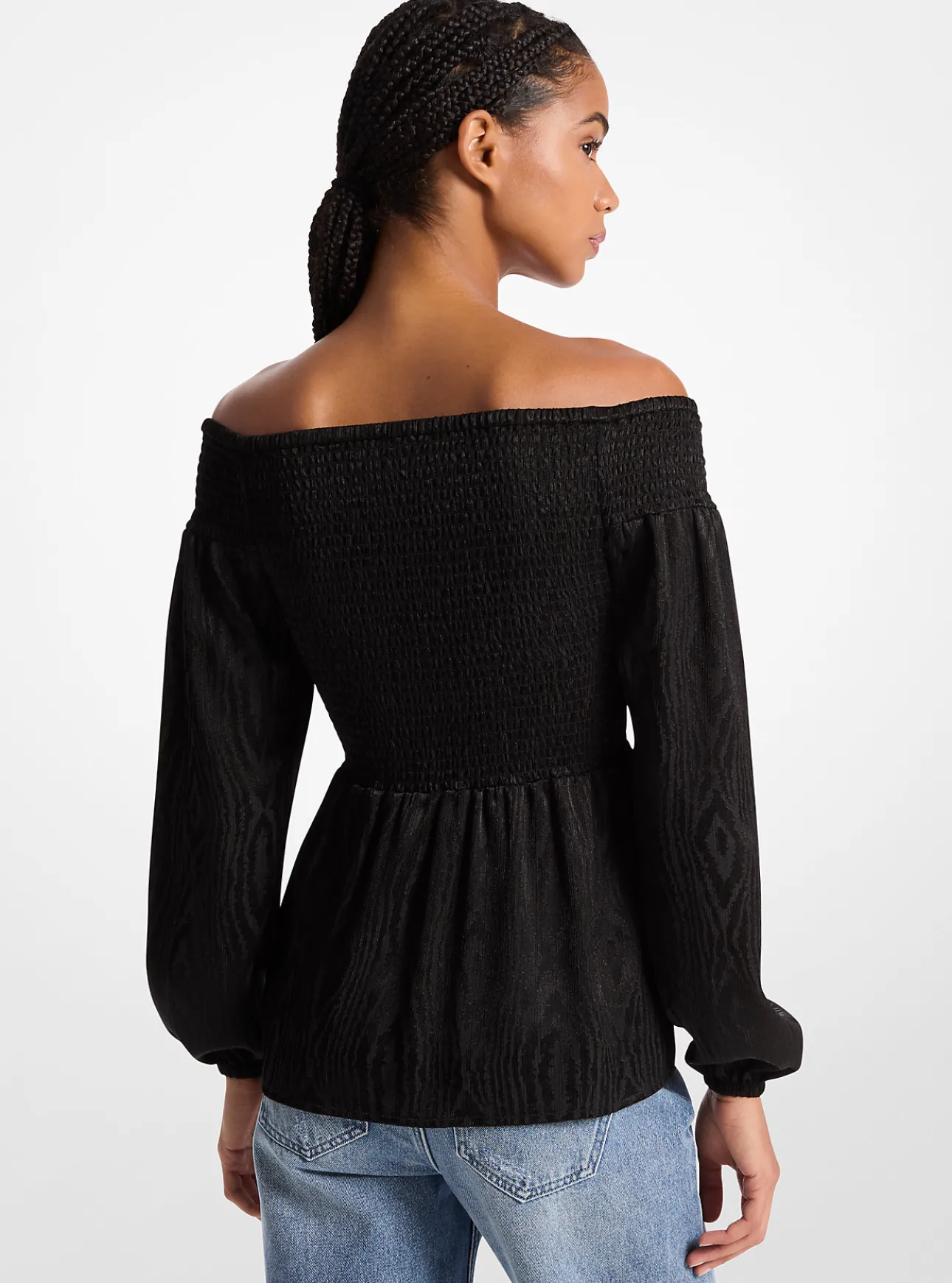 Smocked Moiré Jacquard Off-The-Shoulder Top