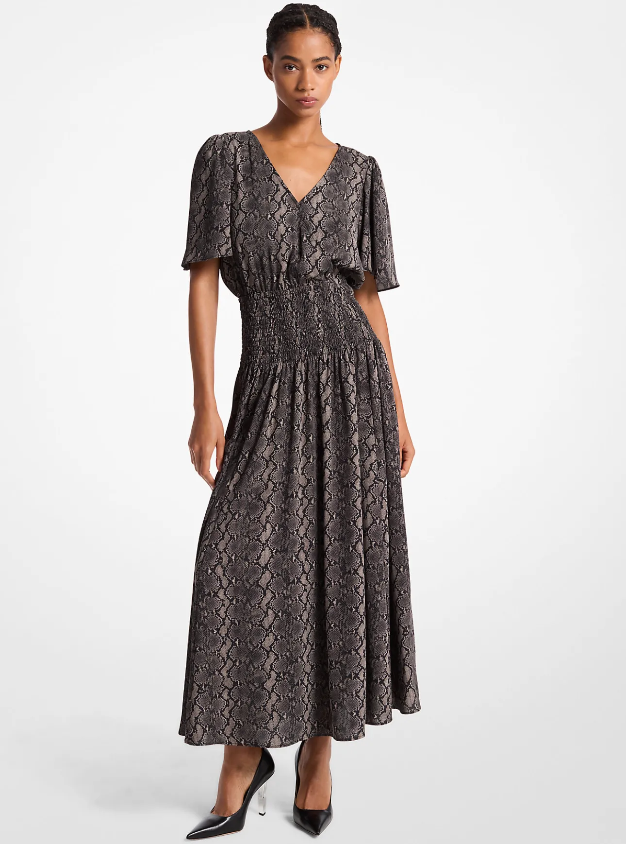 Snake Print Crepe Midi Dress