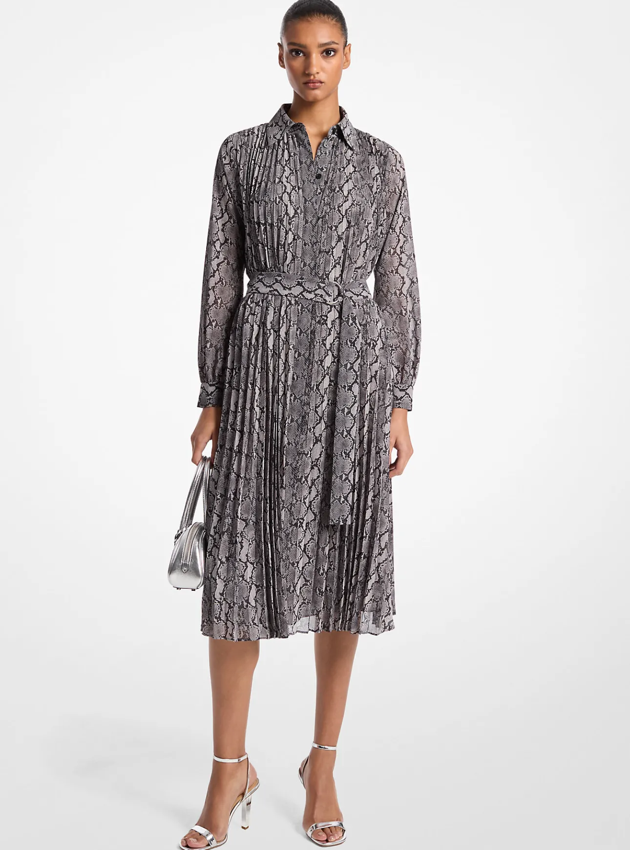 Snake Print Georgette Pleated Shirtdress