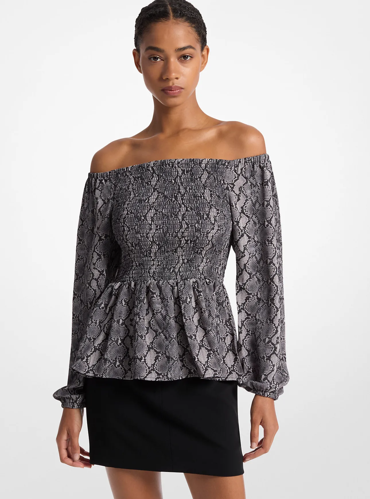Snake Print Satin Back Crepe Off-The-Shoulder Blouse