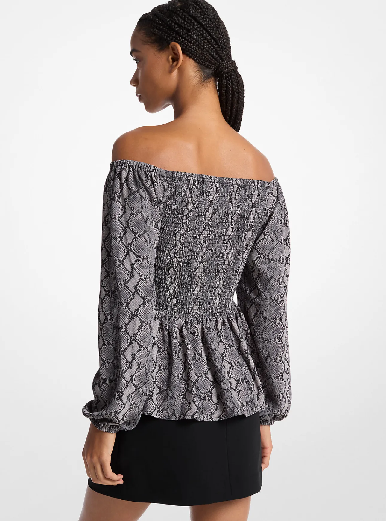 Snake Print Satin Back Crepe Off-The-Shoulder Blouse