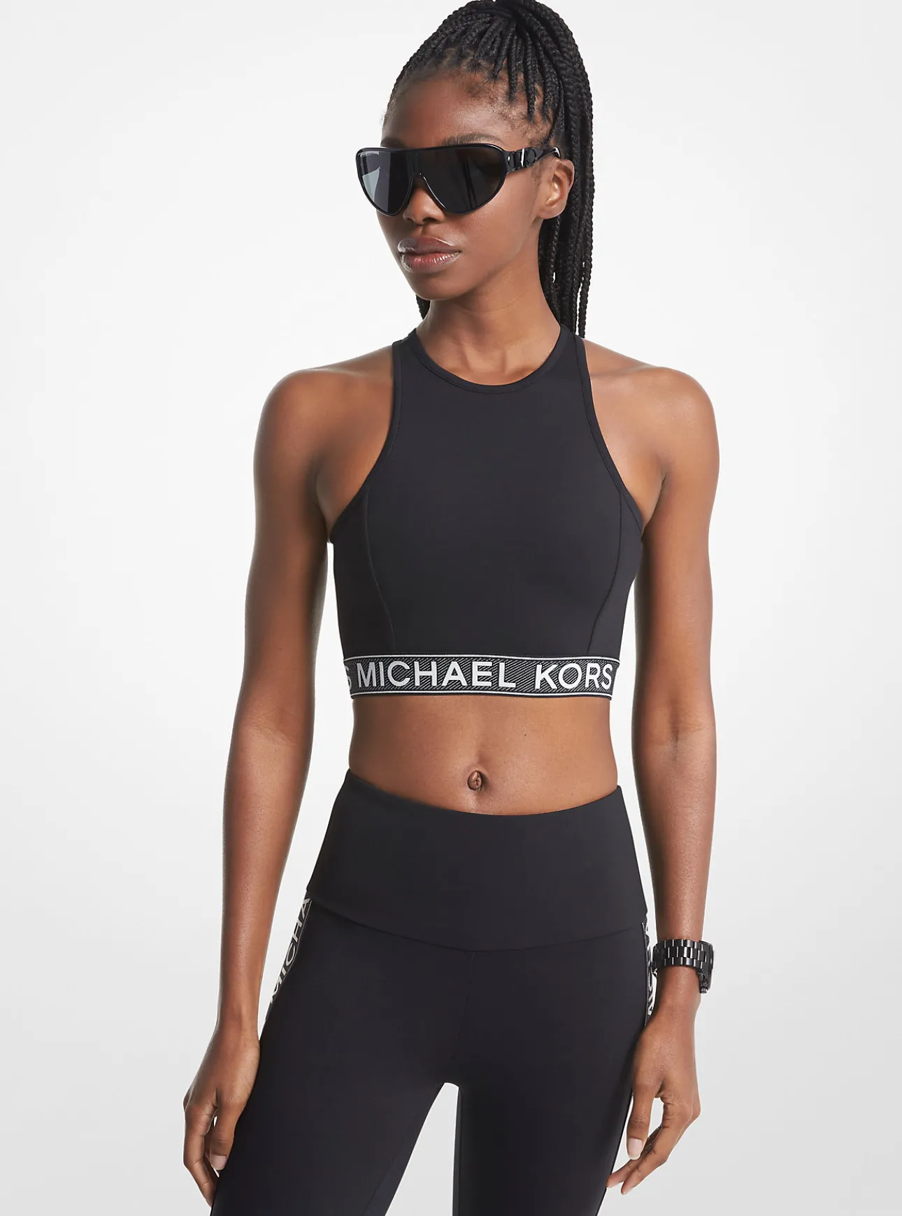 Stretch Nylon Logo Tape Racerback Sports Bra