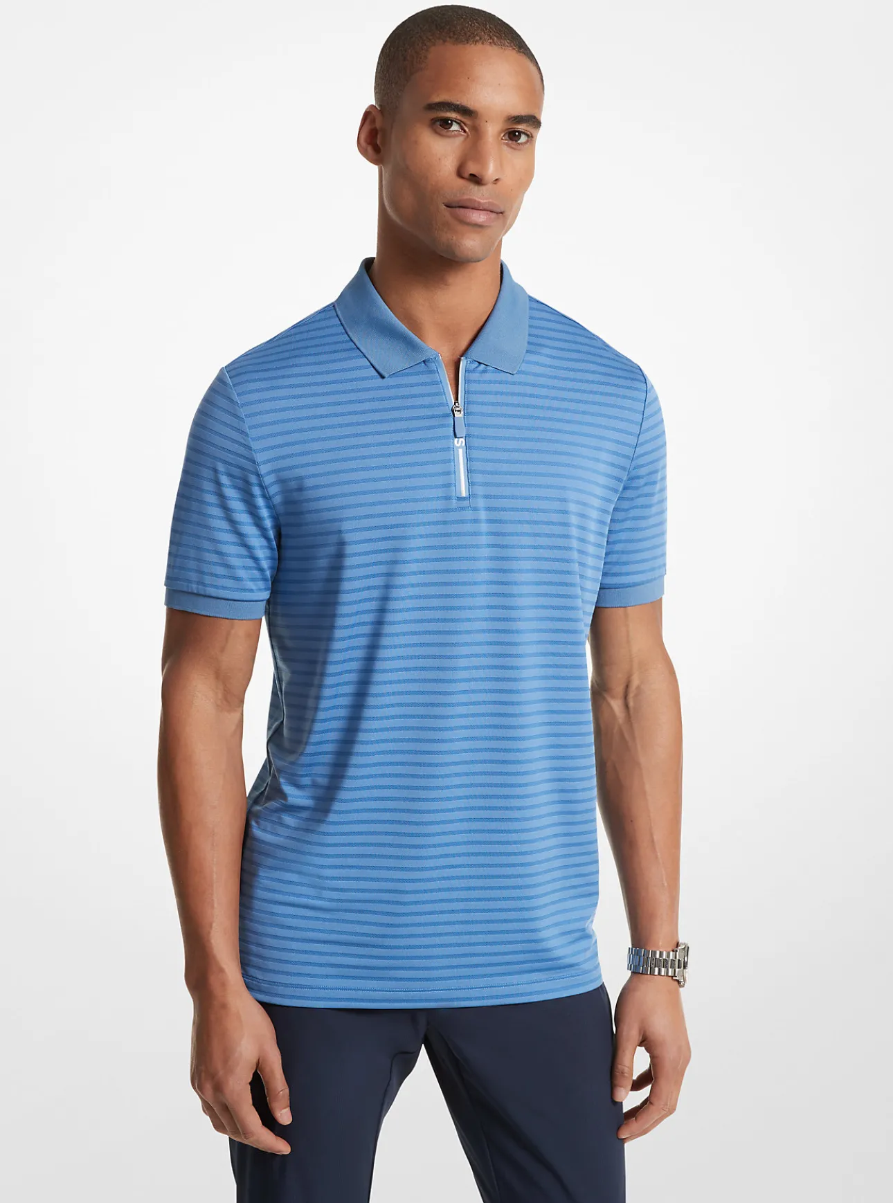 Striped Tech Performance Zip-Up Polo Shirt