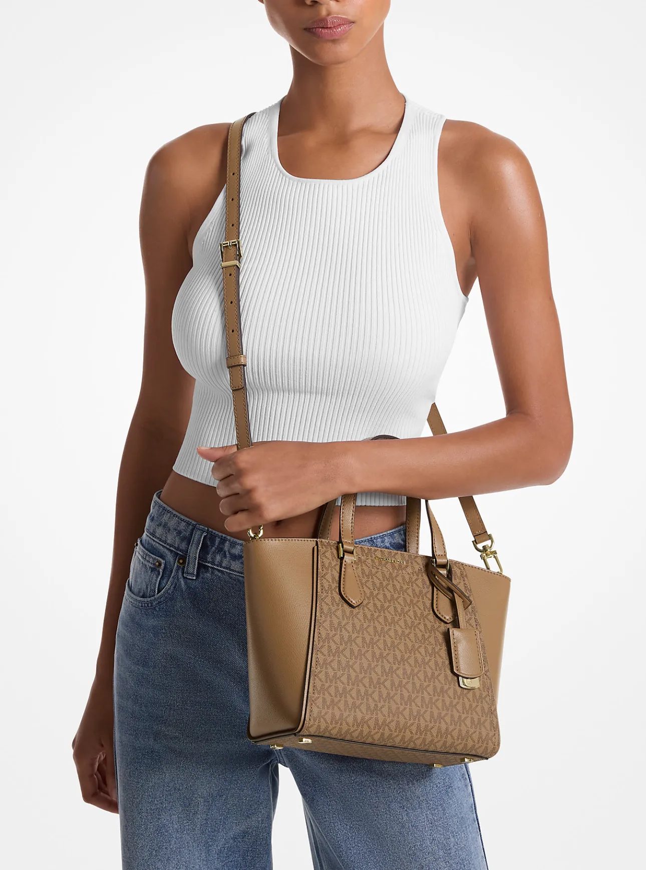 Taryn Small Signature Logo and Leather Convertible Crossbody Bag