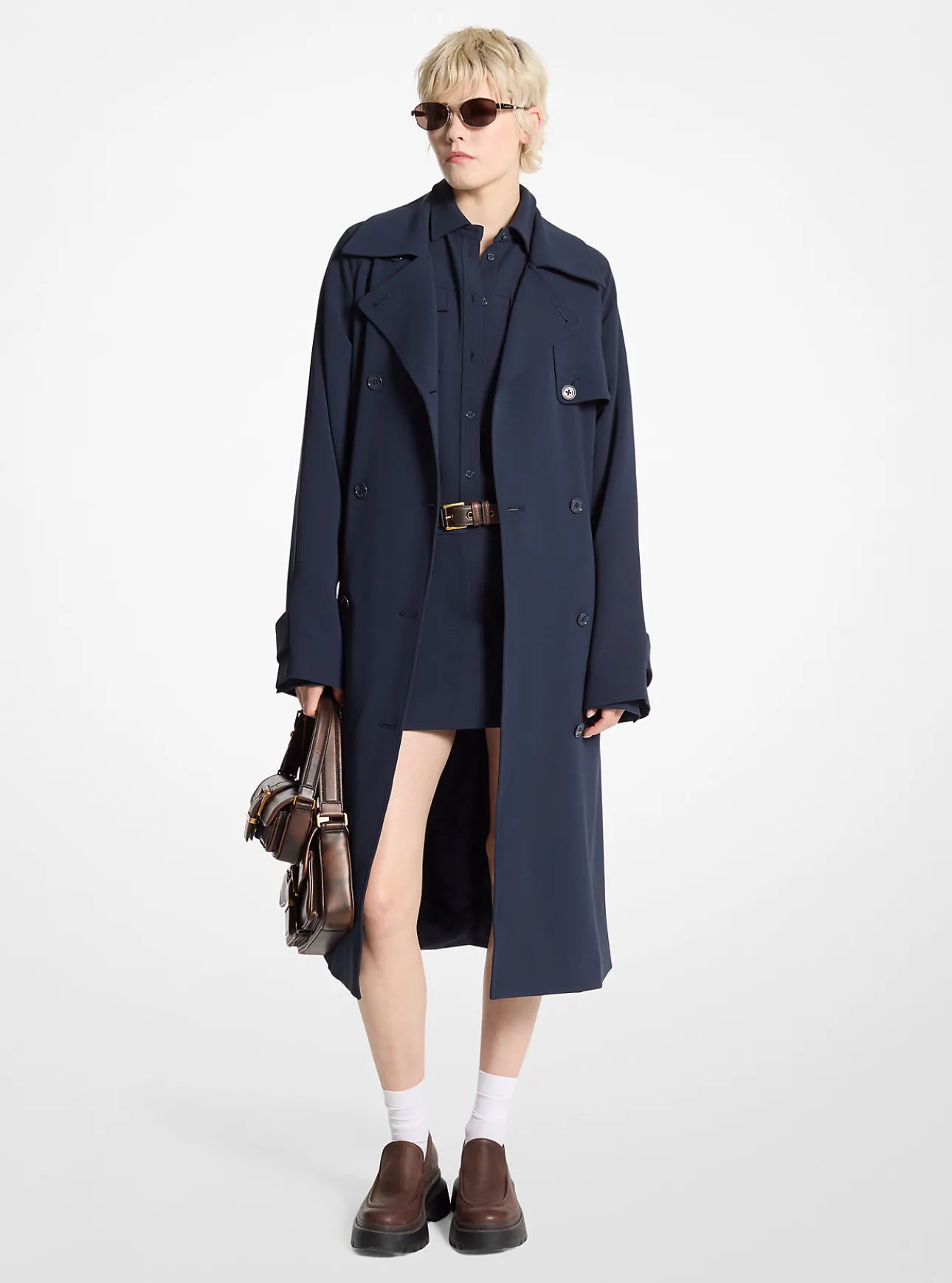 Textured Crepe Belted Trench Coat